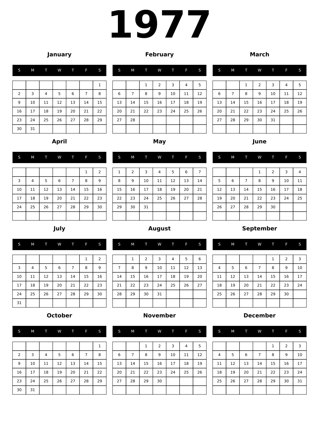 Printable 1977 Year Calendars black