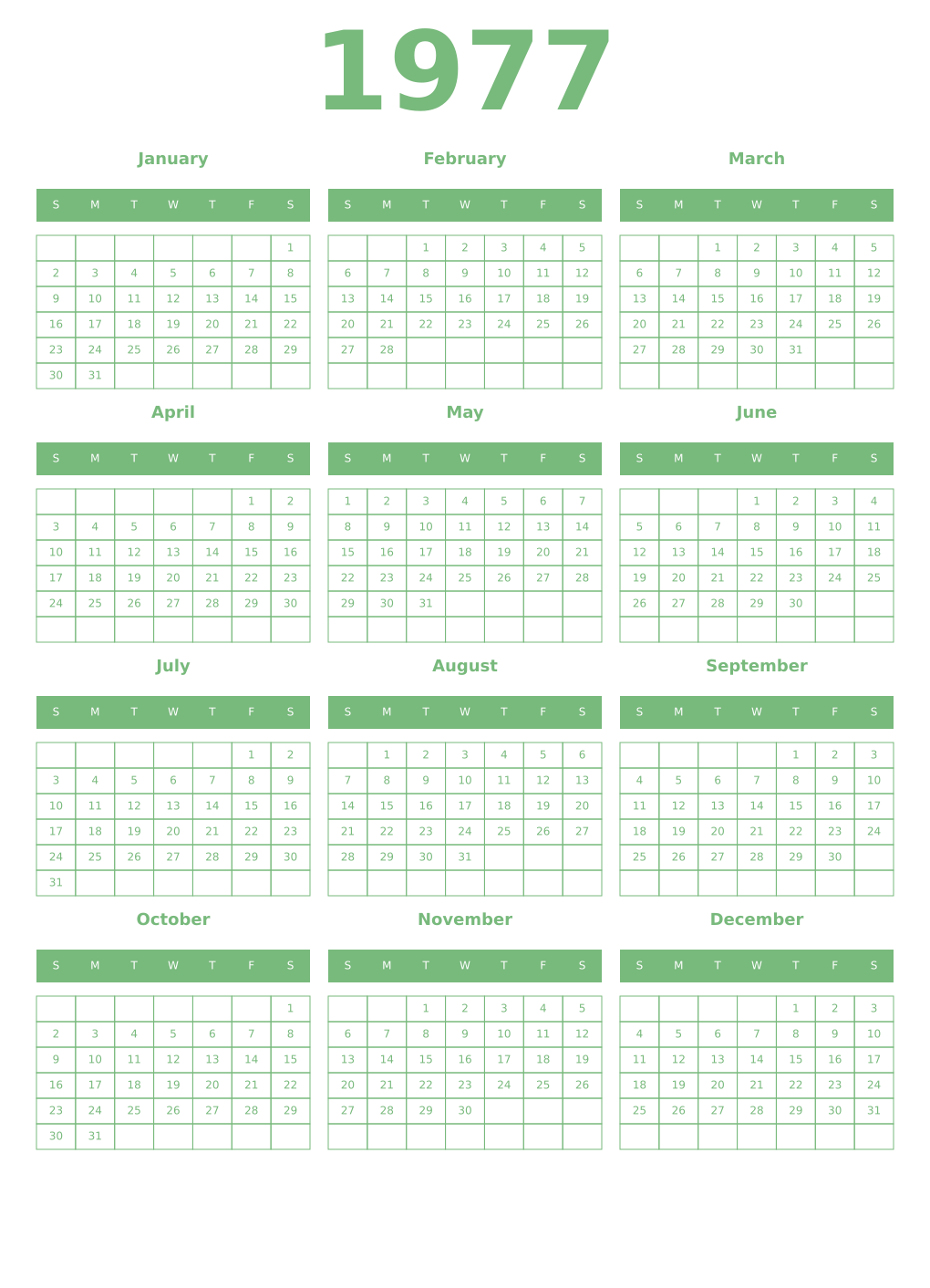 Printable 1977 Year Calendars celadon