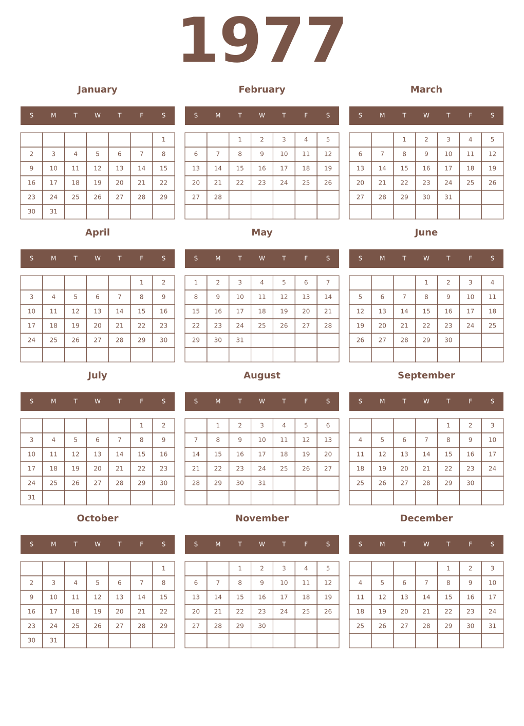 Printable 1977 Year Calendars coffe