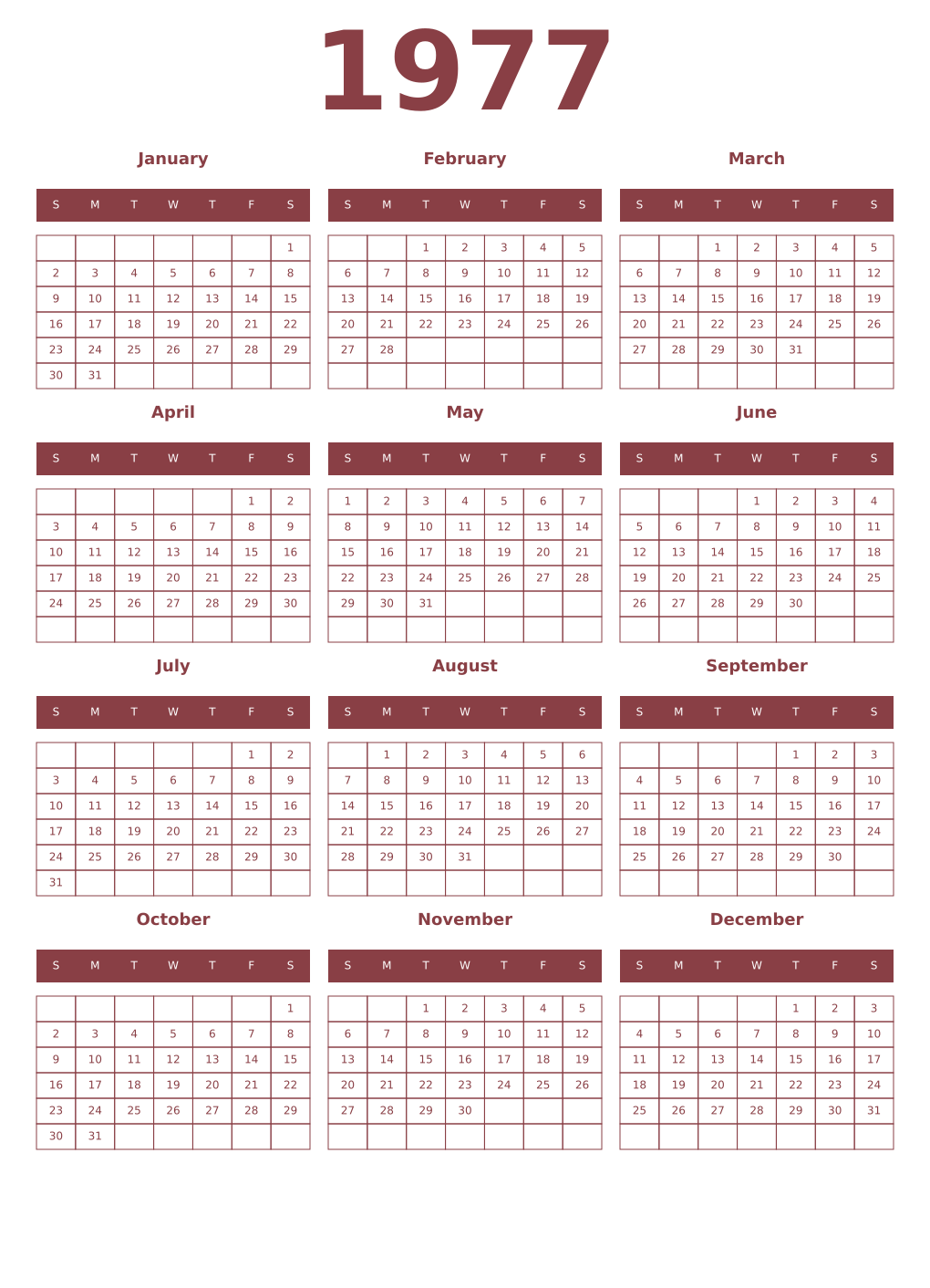 Printable 1977 Year Calendars cordovan