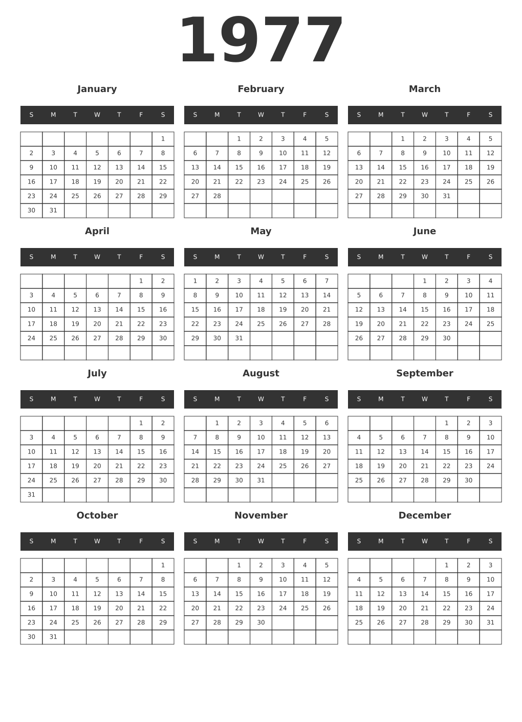 Printable 1977 Year Calendars dark