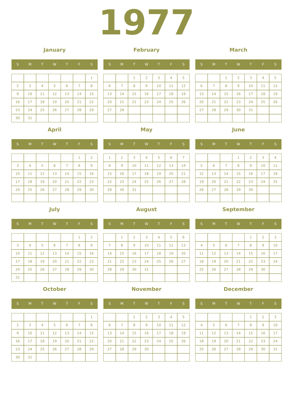 Printable 1977 Year Calendars eburnean