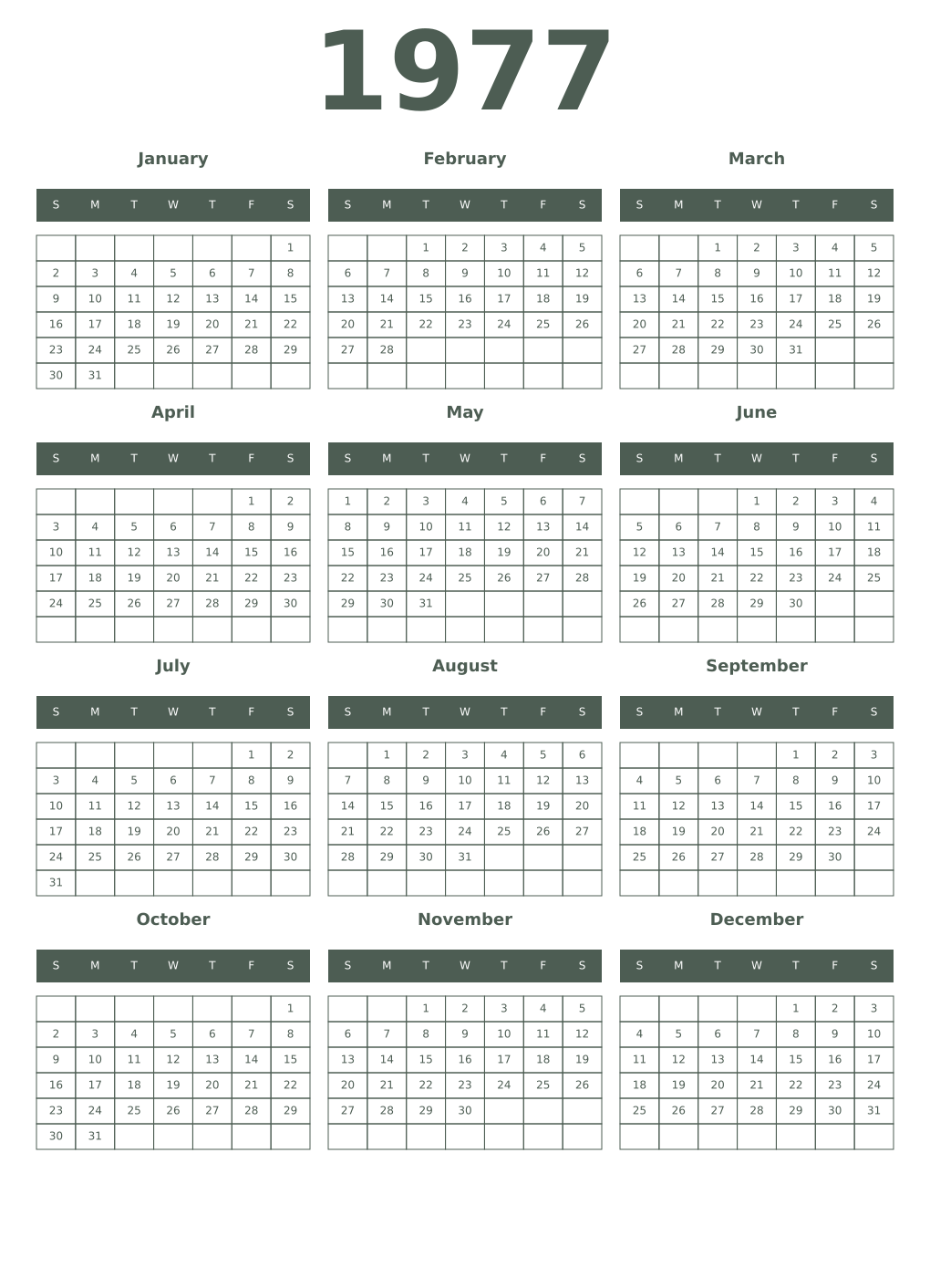 Printable 1977 Year Calendars feldgrau