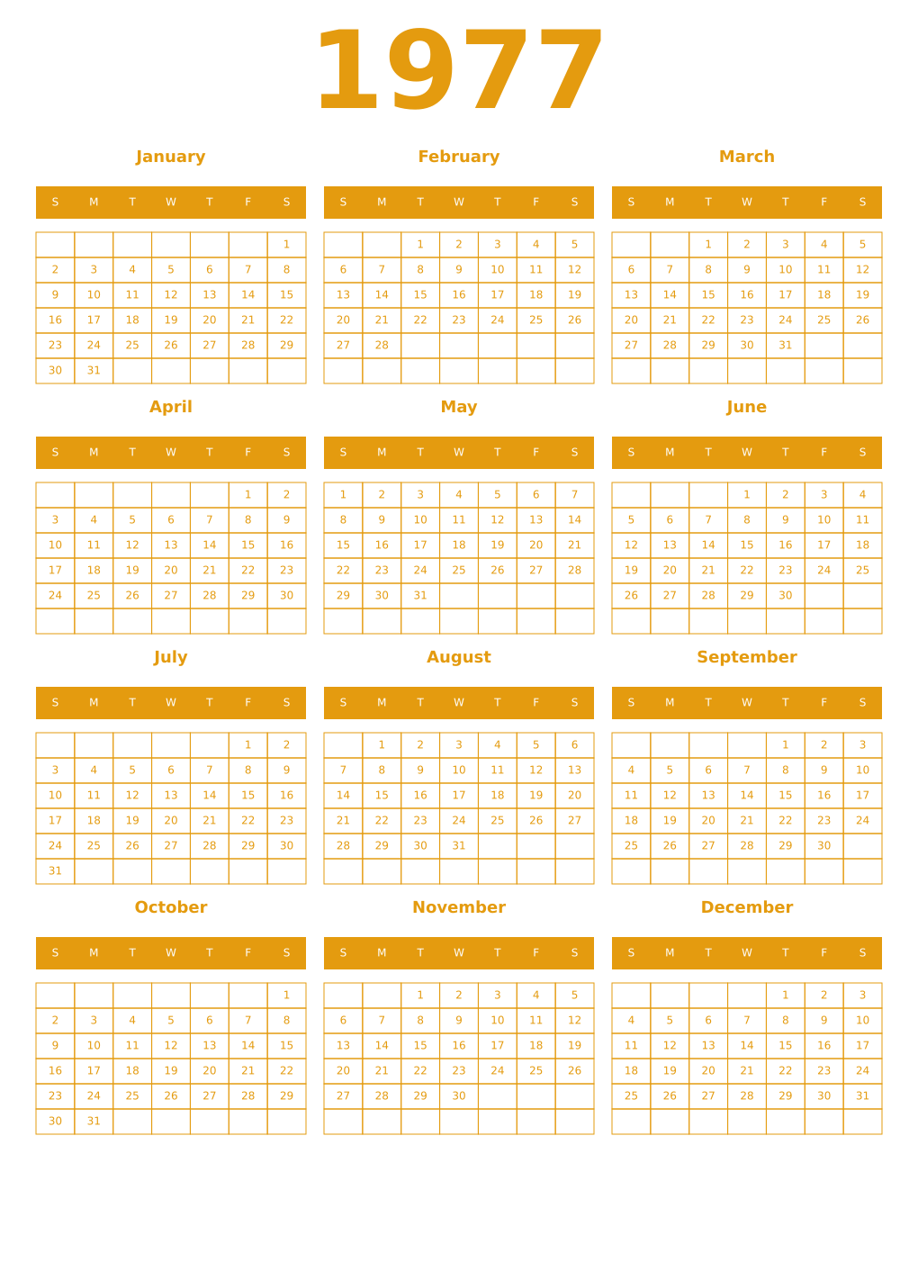 Printable 1977 Year Calendars gamboge