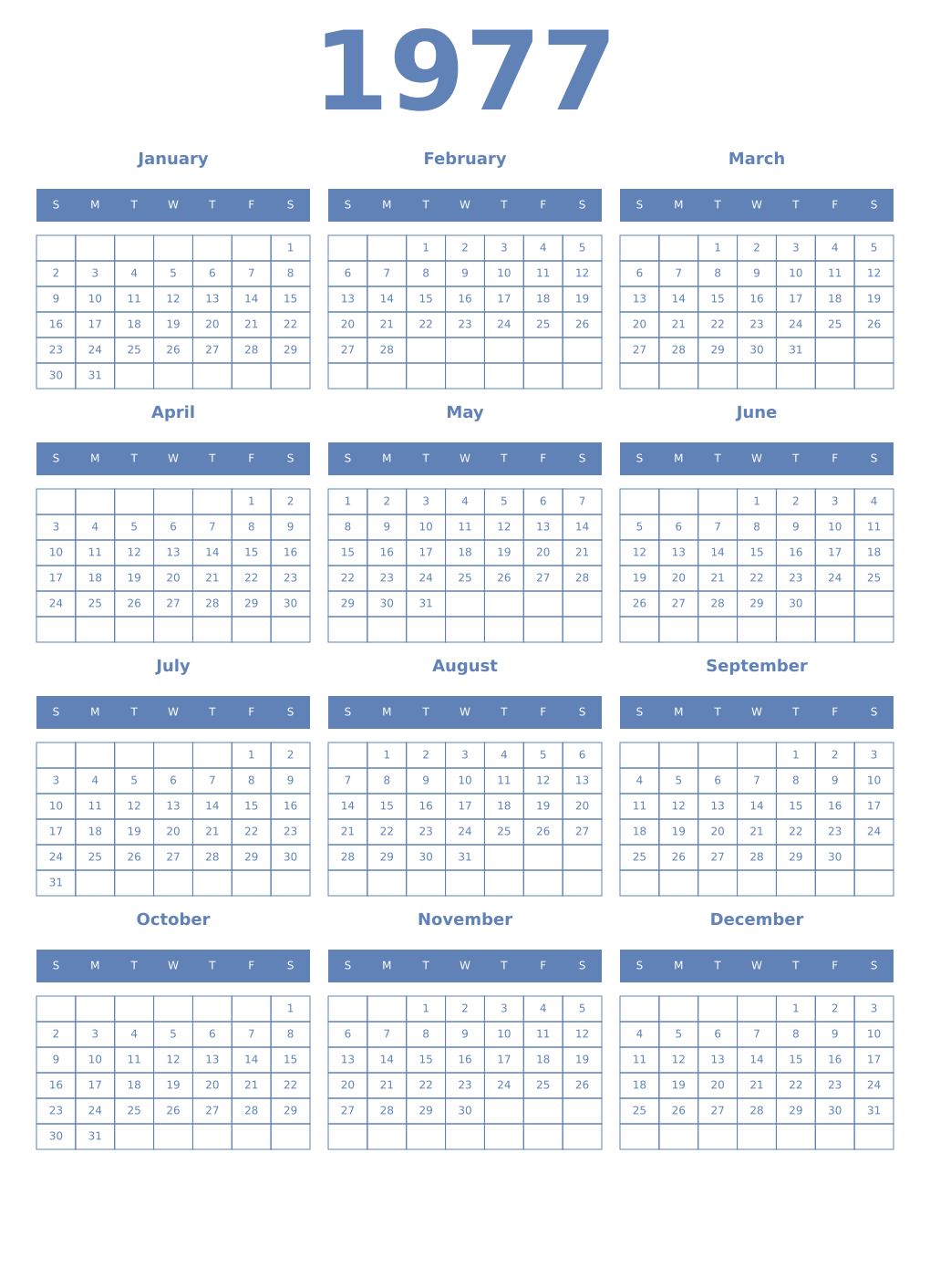 Printable 1977 Year Calendars glaucous