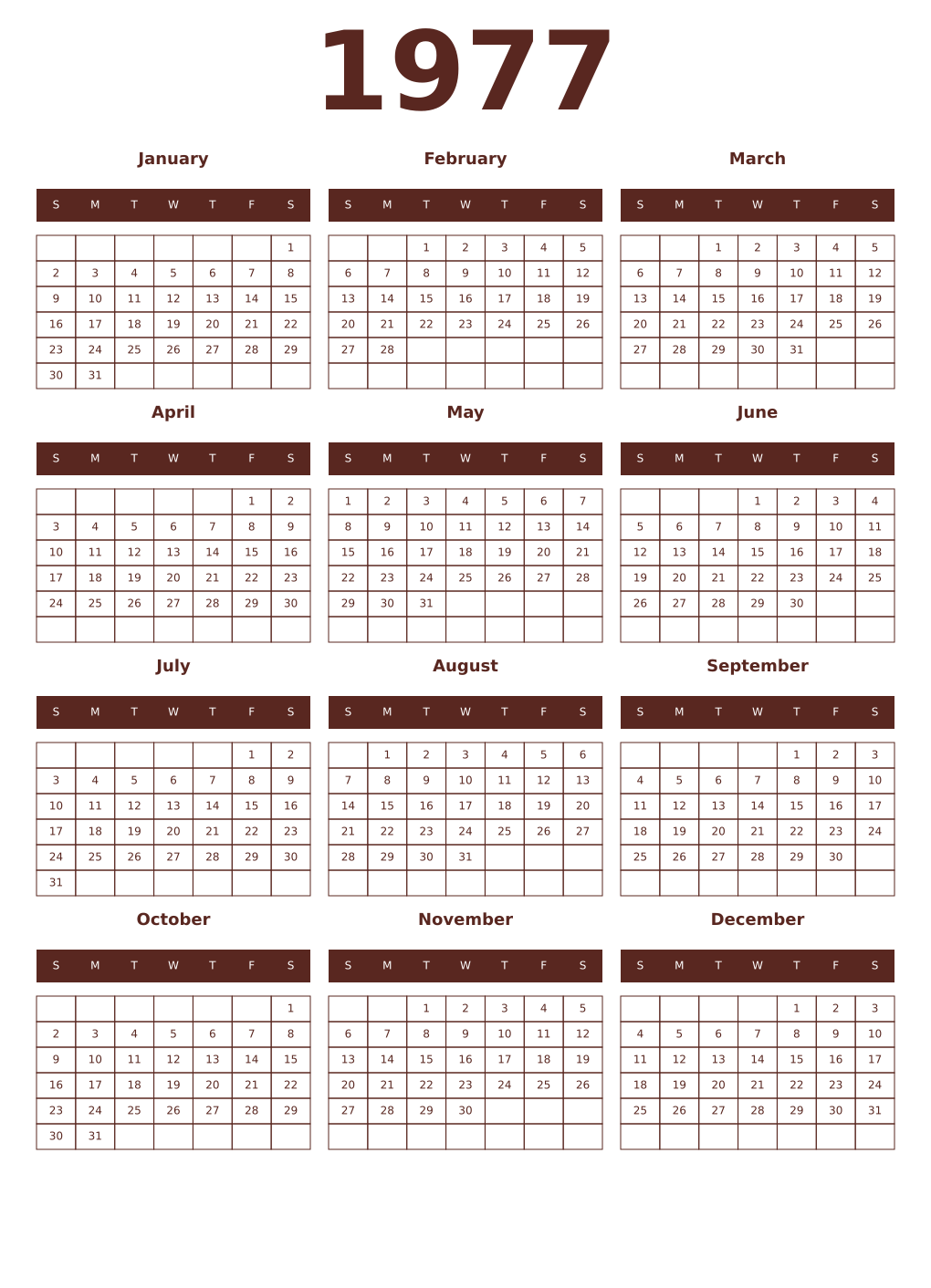 Printable 1977 Year Calendars mortuum