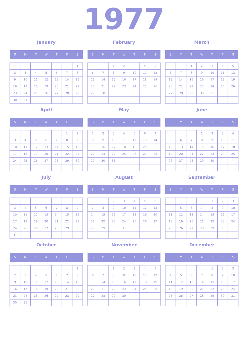 Printable 1977 Year Calendars periwinkle