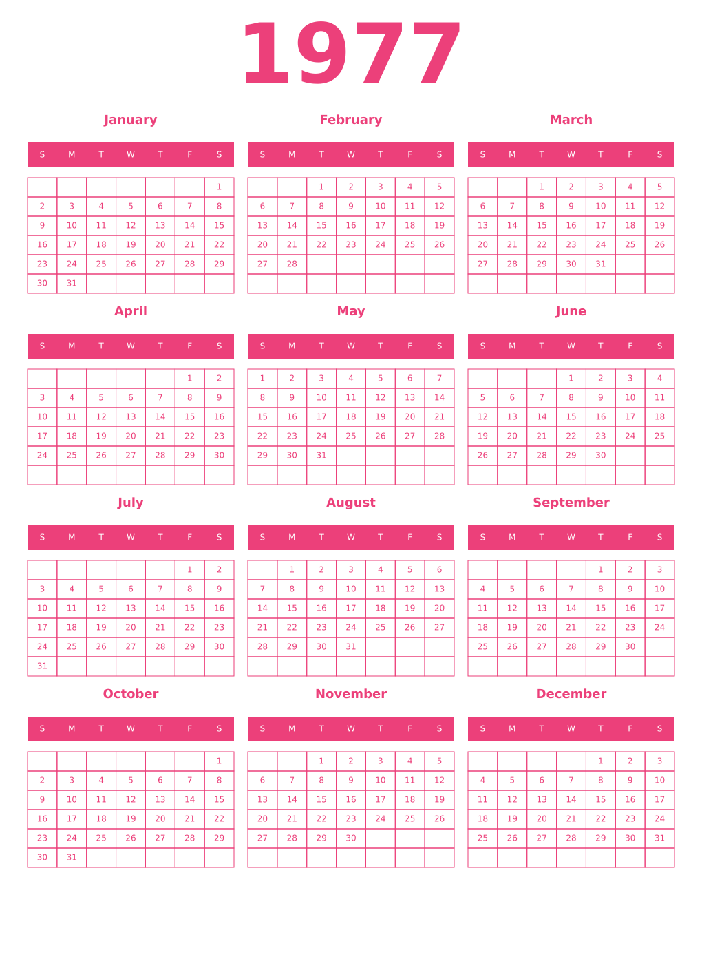 Printable 1977 Year Calendars pink