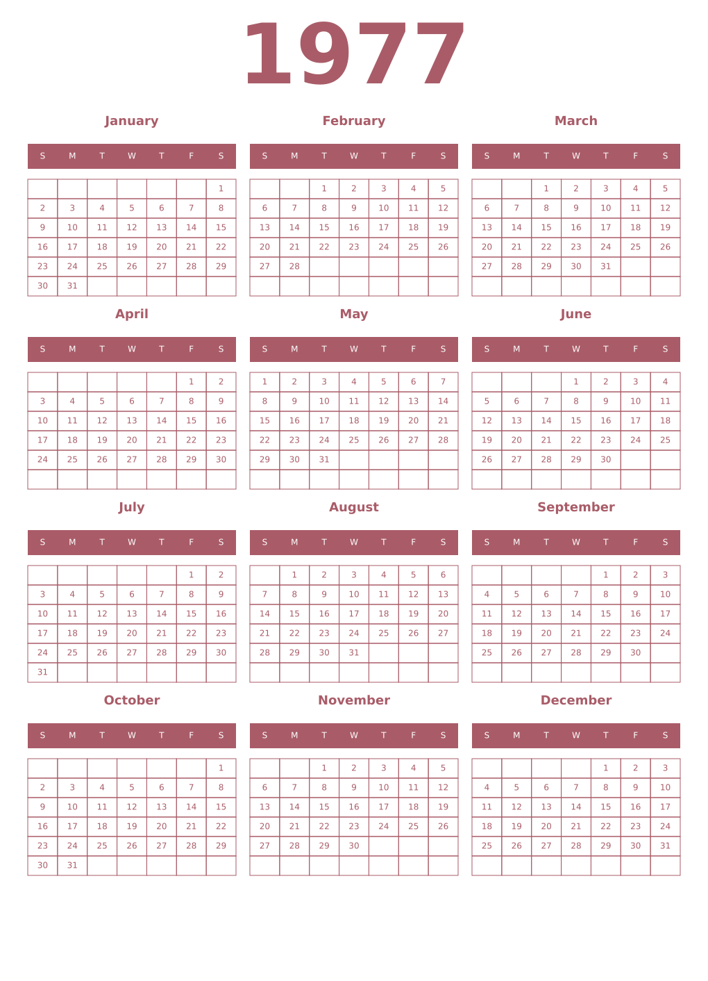 Printable 1977 Year Calendars puce
