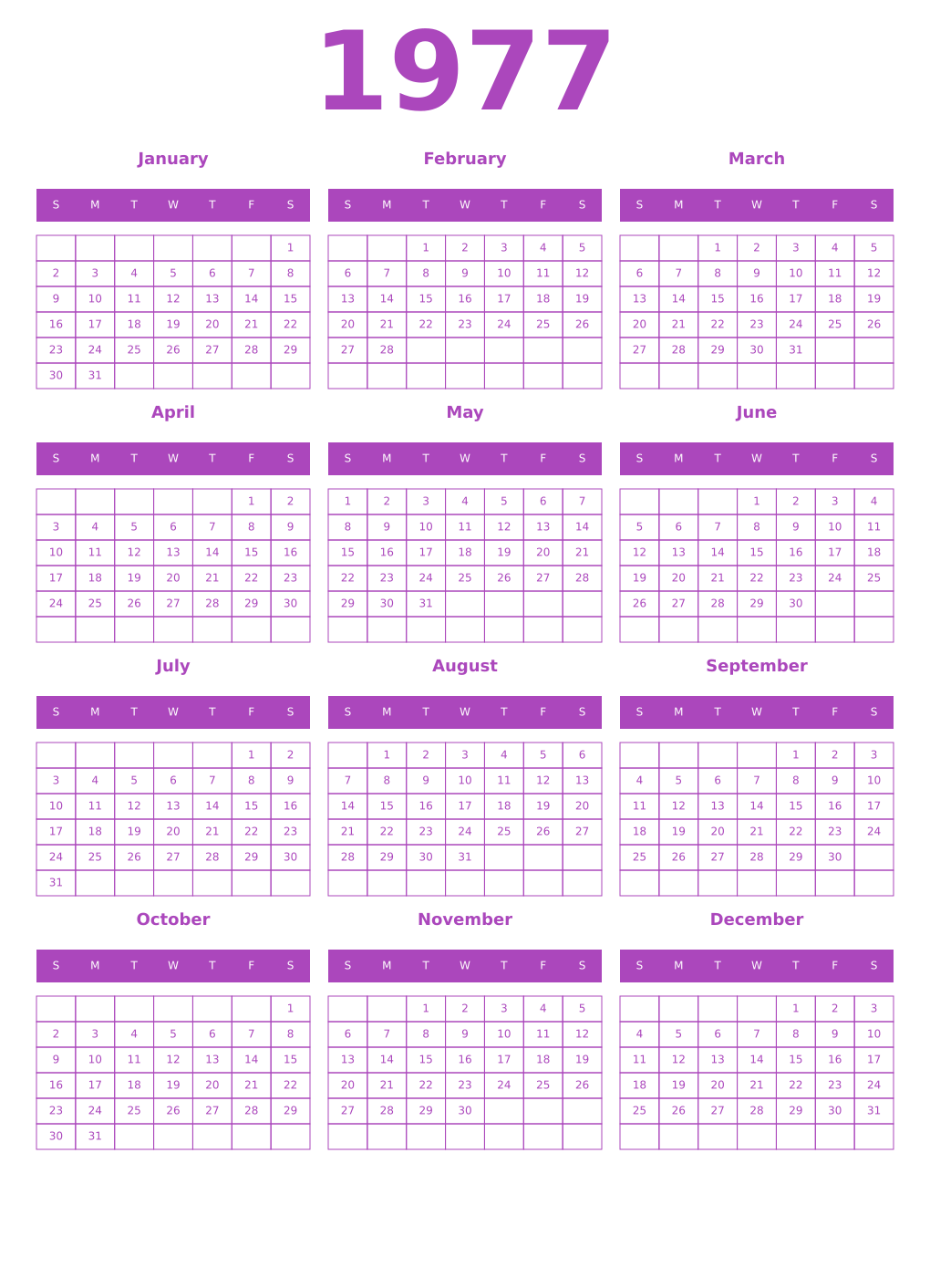 Printable 1977 Year Calendars purple