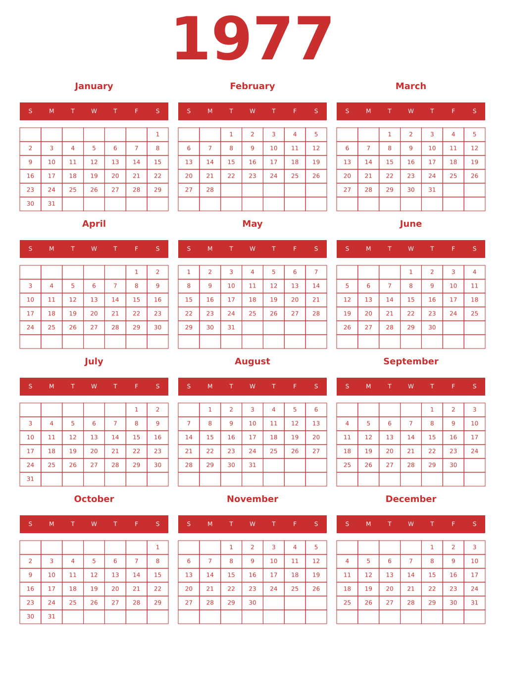 Printable 1977 Year Calendars red