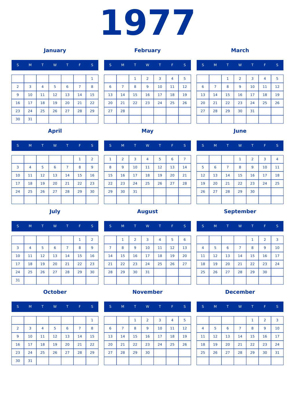 Printable 1977 Year Calendars smalt