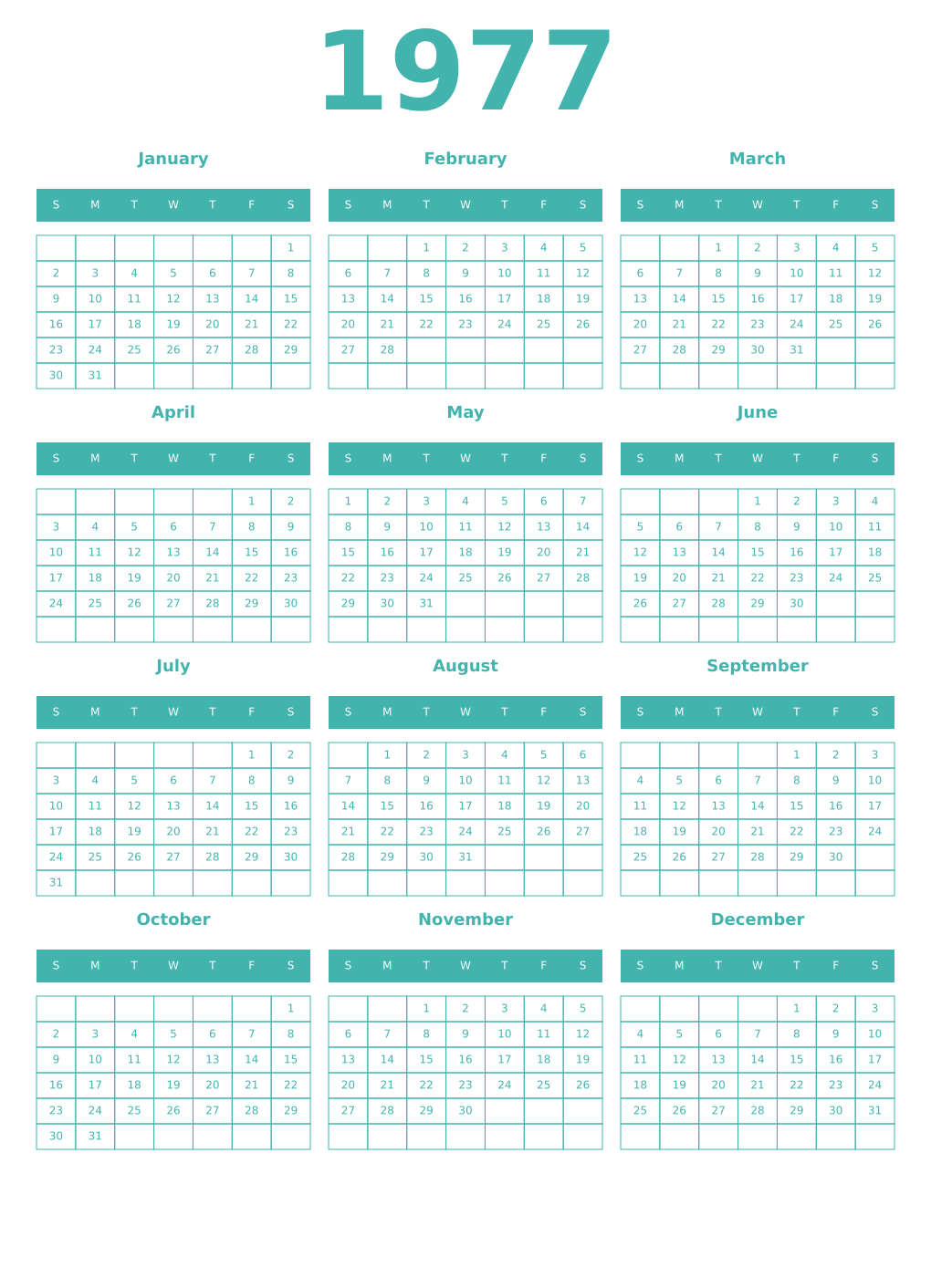 Printable 1977 Year Calendars verdigris