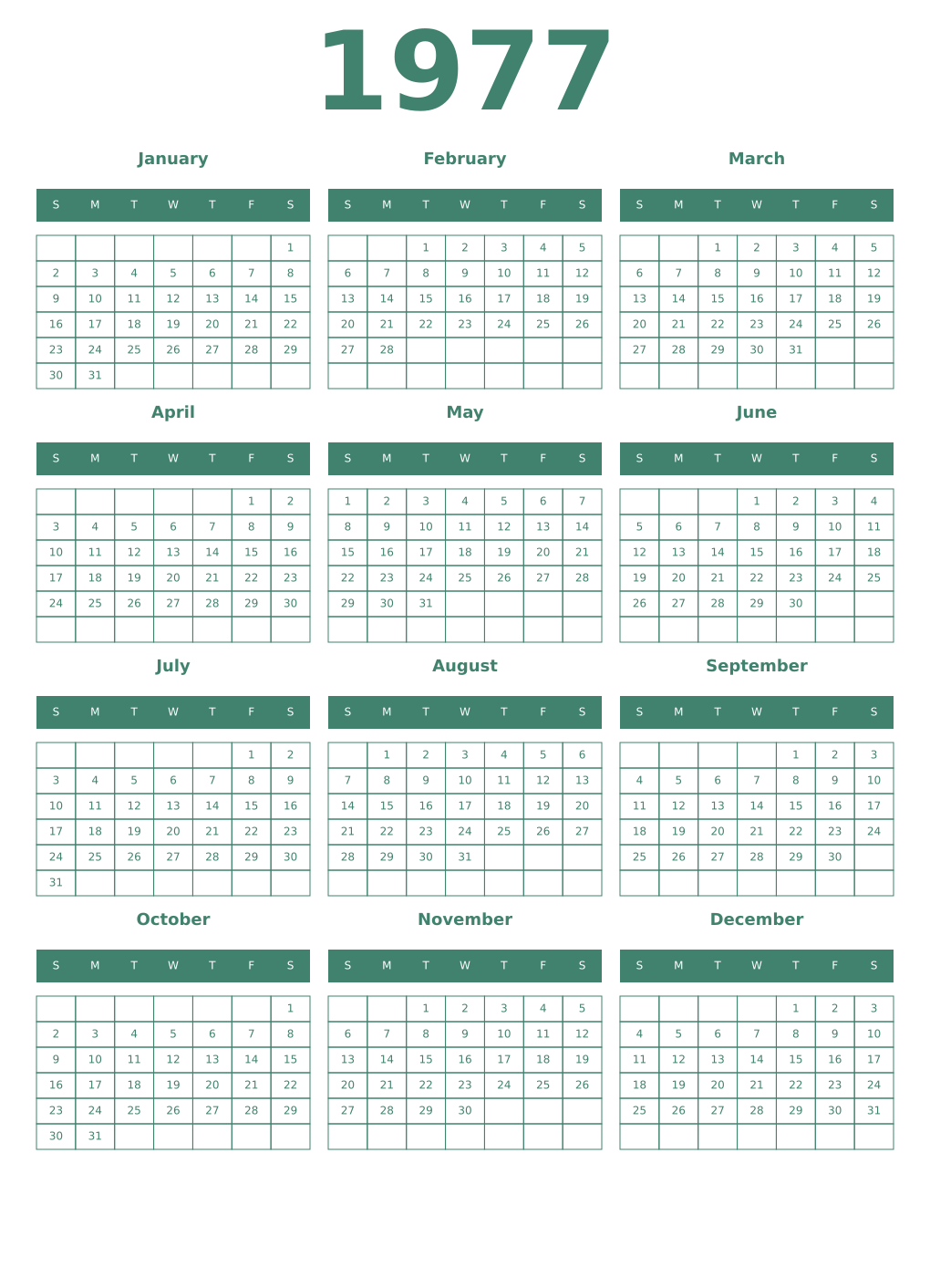 Printable 1977 Year Calendars viridian