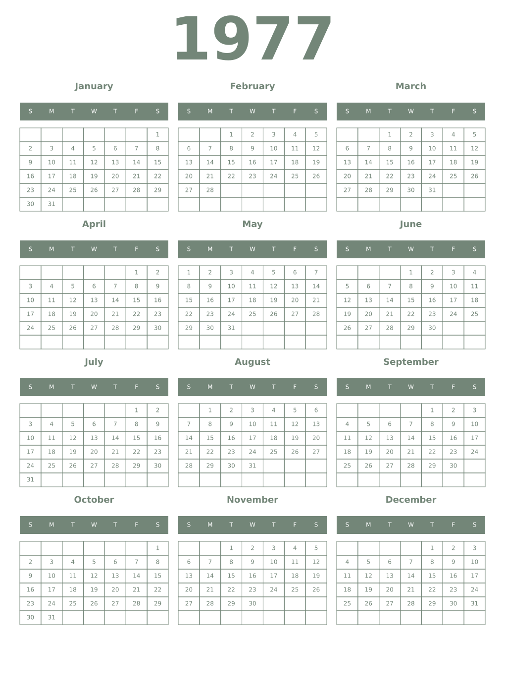 Printable 1977 Year Calendars xanadu