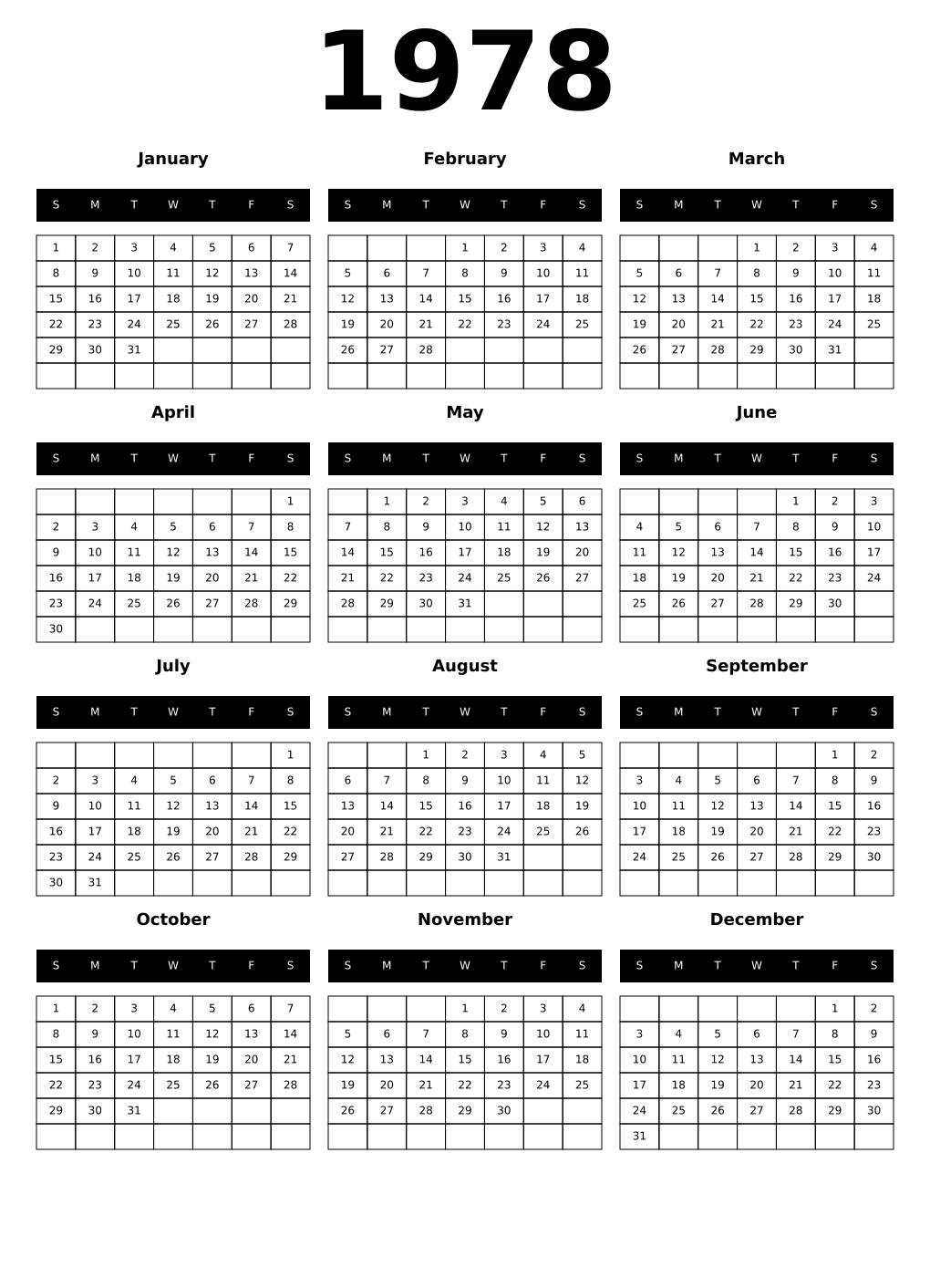 Printable 1978 Year Calendars black