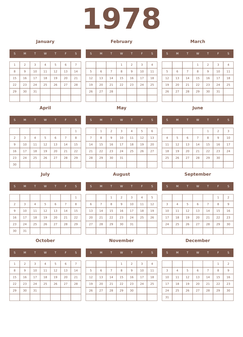 Printable 1978 Year Calendars coffe