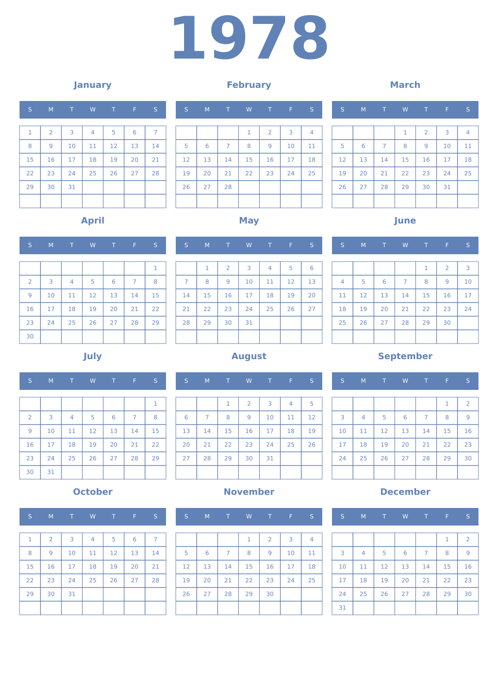 Printable 1978 Year Calendars glaucous