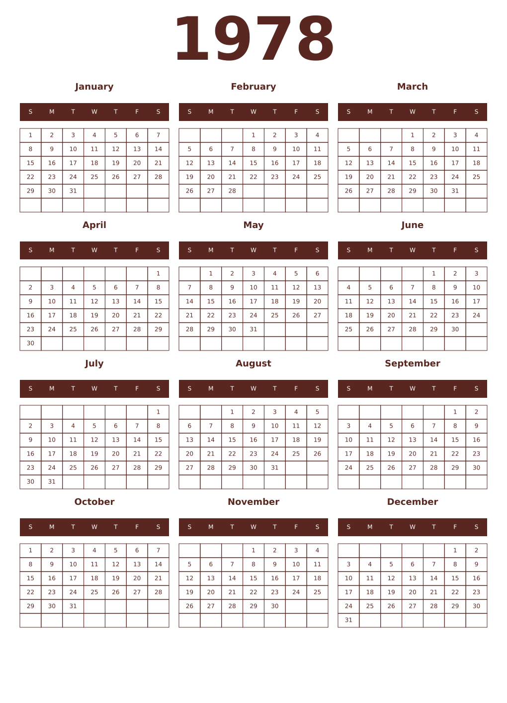 Printable 1978 Year Calendars mortuum