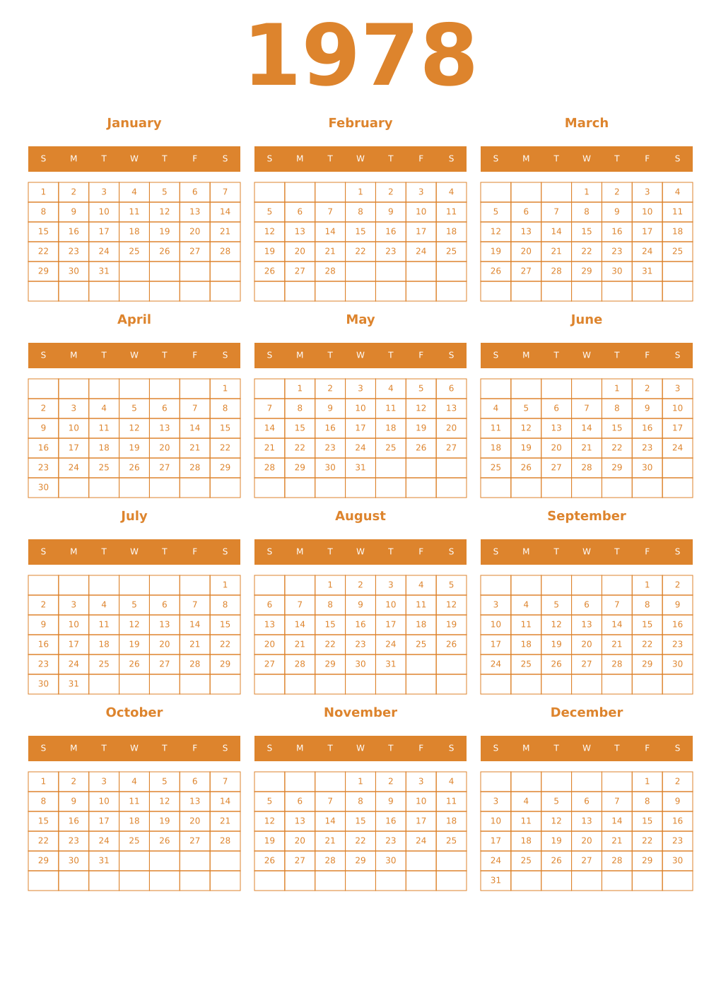 Printable 1978 Year Calendars orange