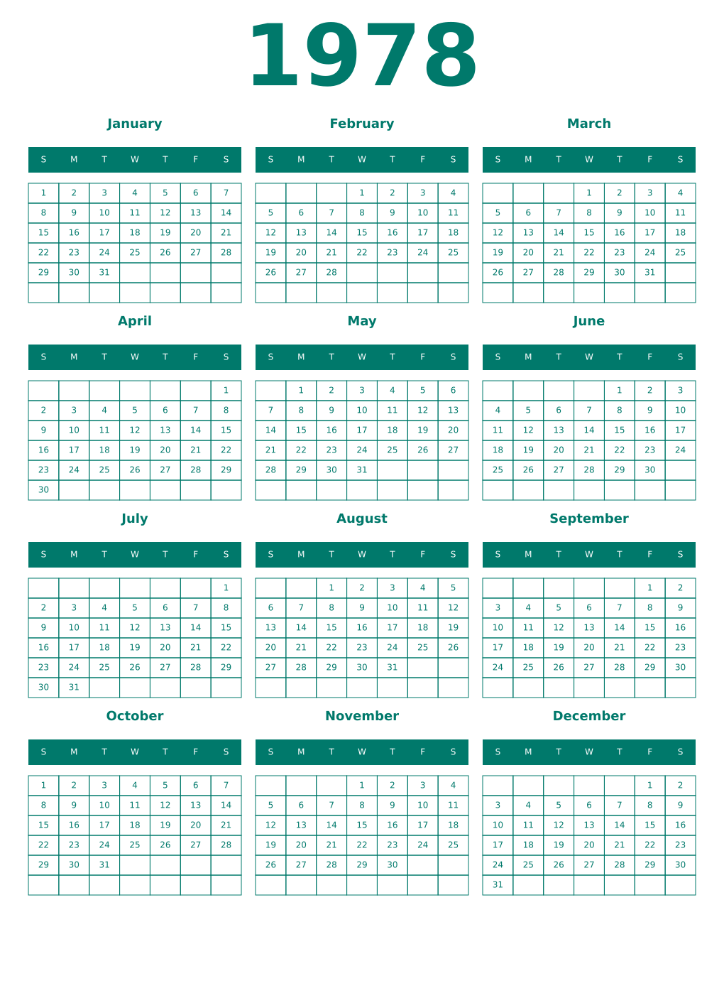 Printable 1978 Year Calendars pastel