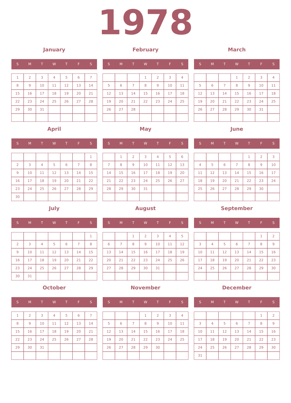 Printable 1978 Year Calendars puce