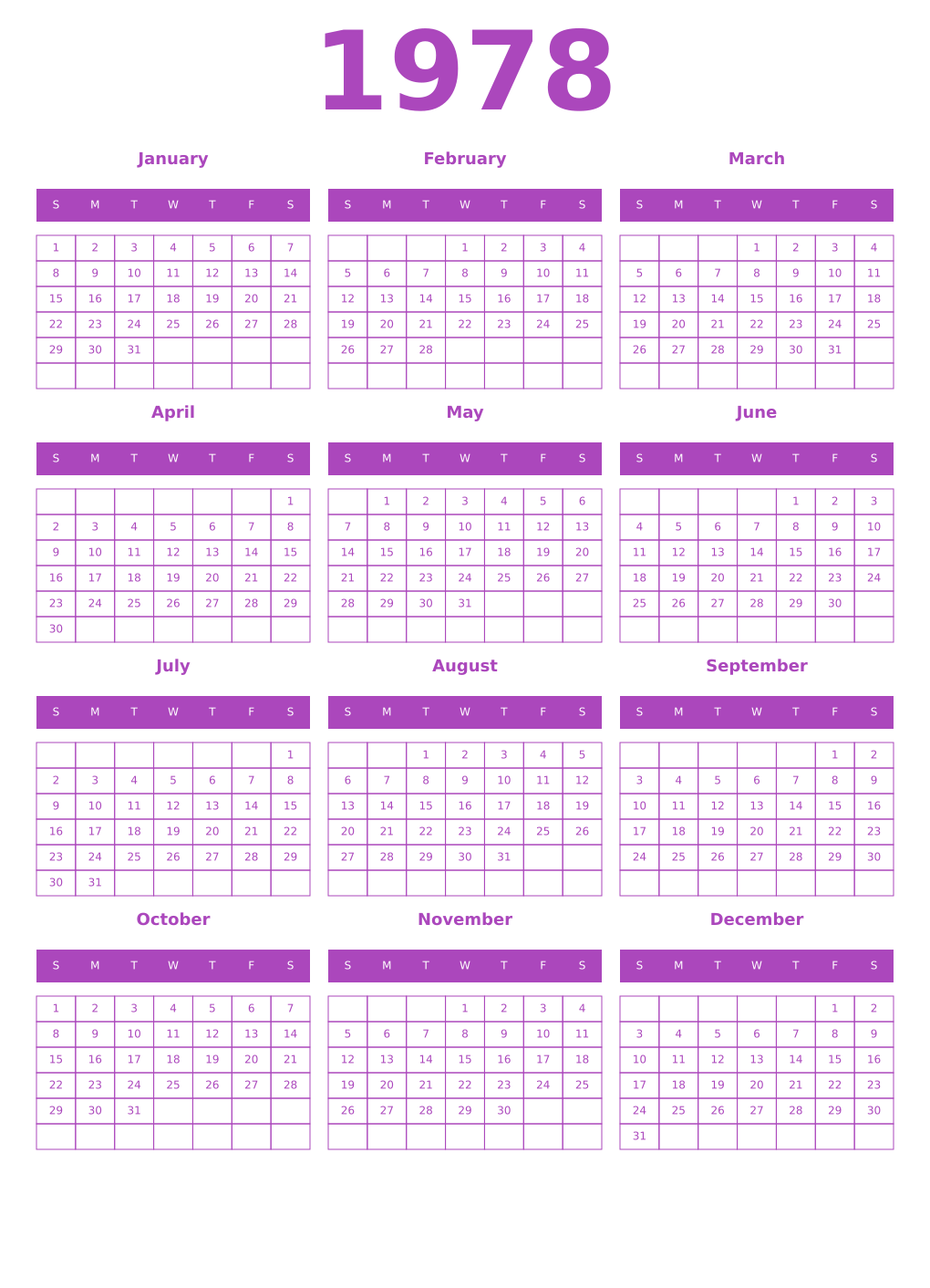 Printable 1978 Year Calendars purple