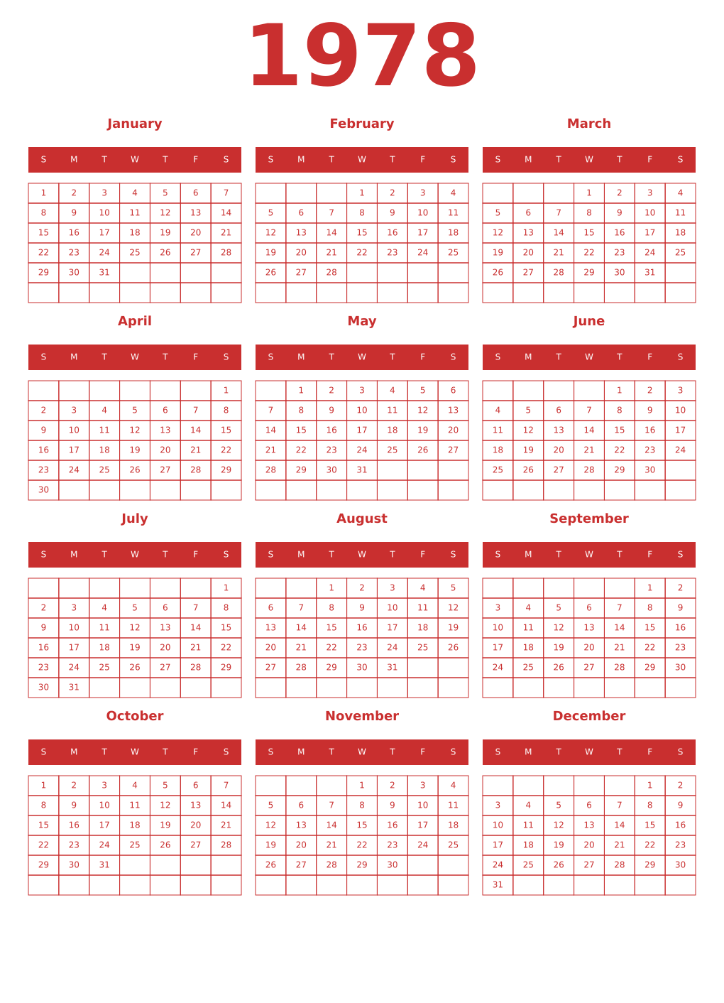 Printable 1978 Year Calendars red