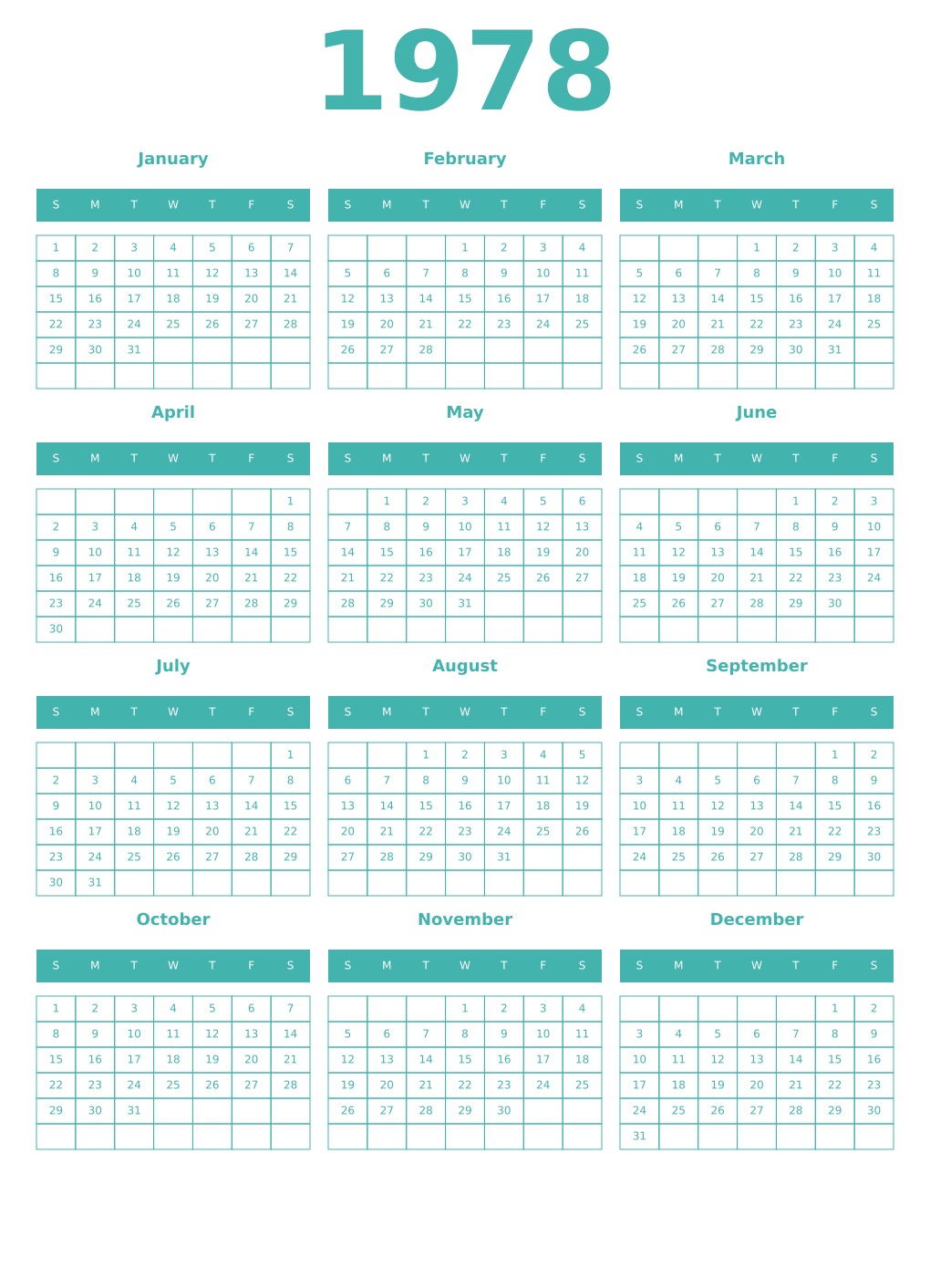 Printable 1978 Year Calendars verdigris