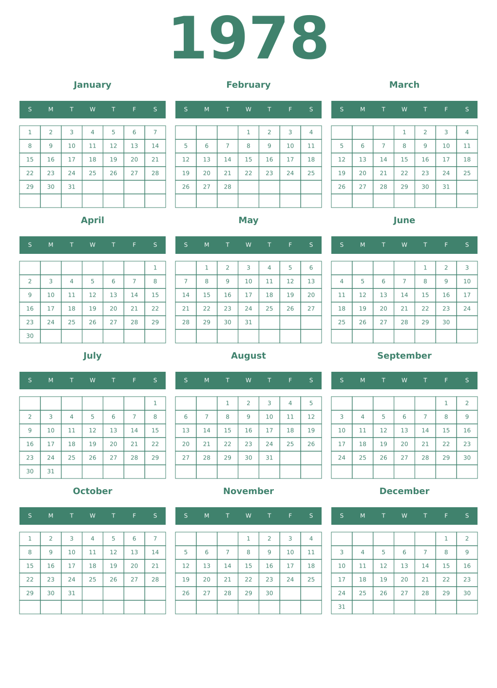 Printable 1978 Year Calendars viridian