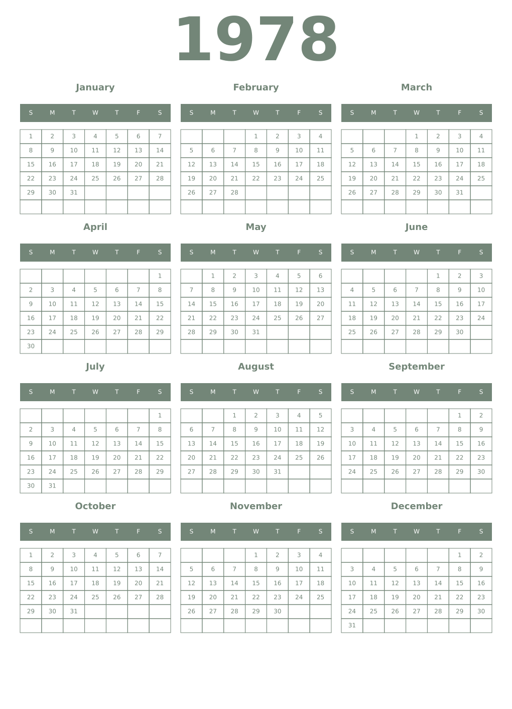 Printable 1978 Year Calendars xanadu