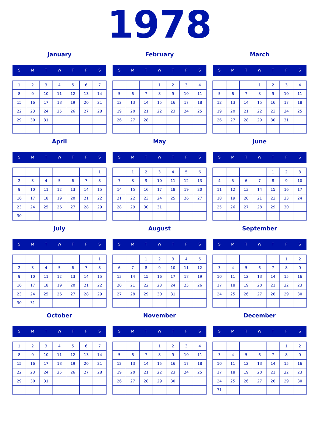 Printable 1978 Year Calendars zaffre