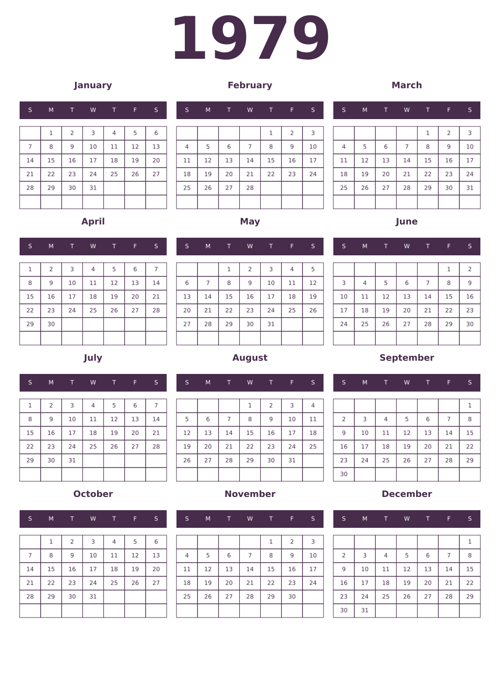 Printable 1979 Year Calendars aubergine