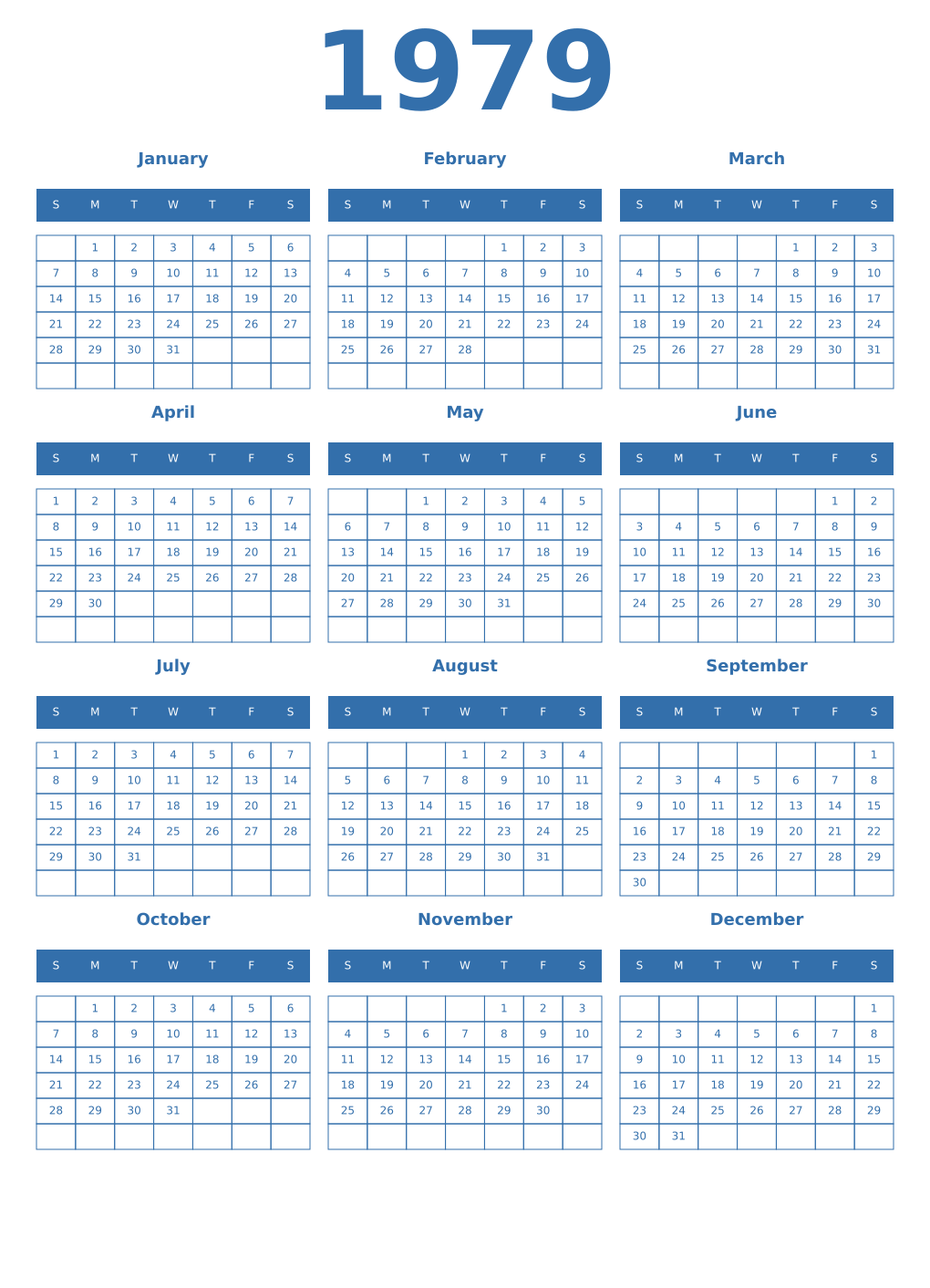 Printable 1979 Year Calendars blue