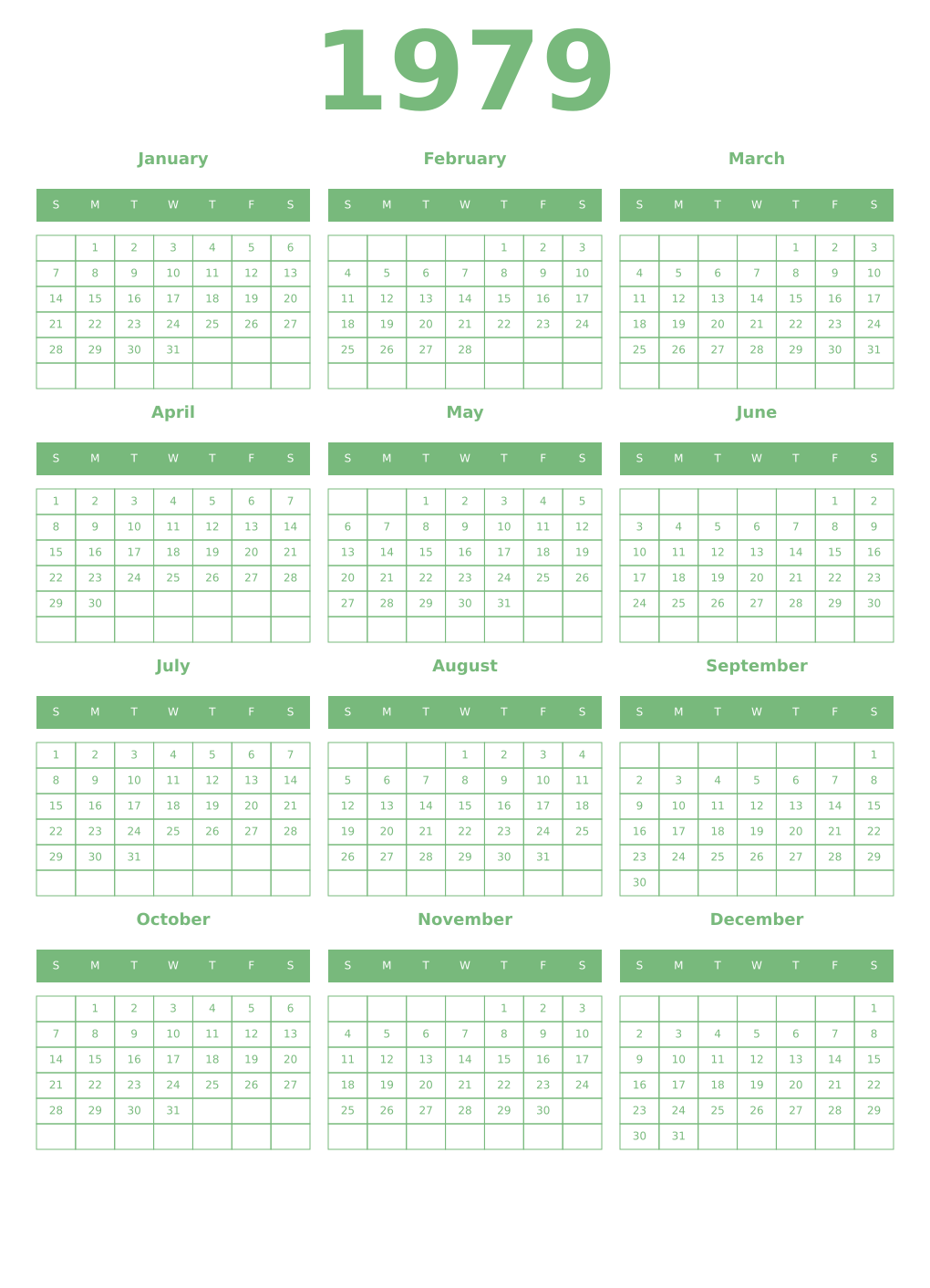 Printable 1979 Year Calendars celadon