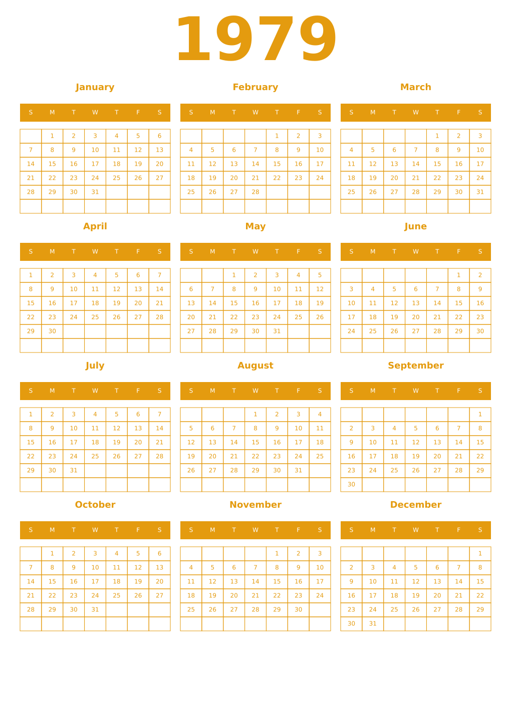 Printable 1979 Year Calendars gamboge