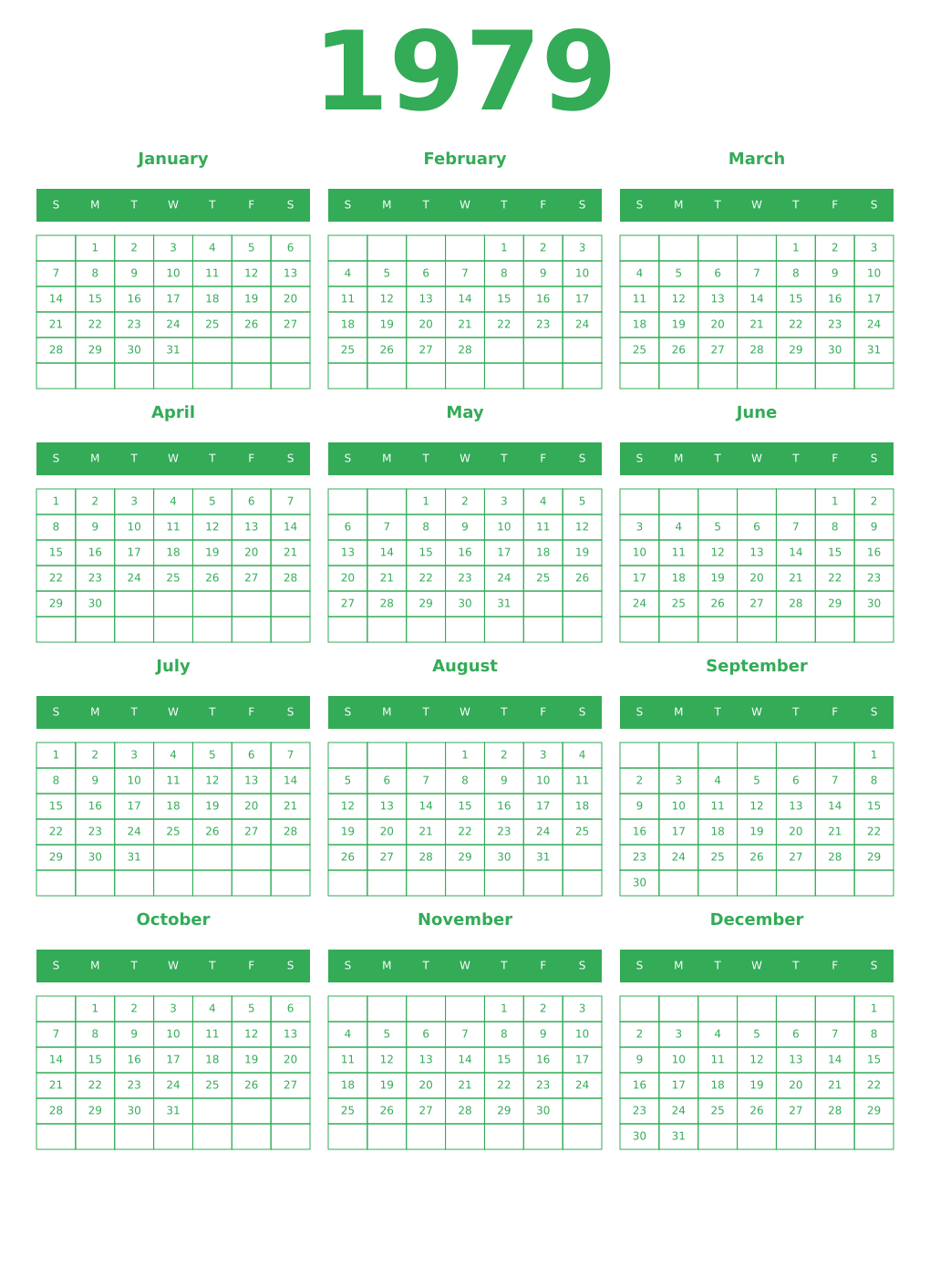 Printable 1979 Year Calendars green