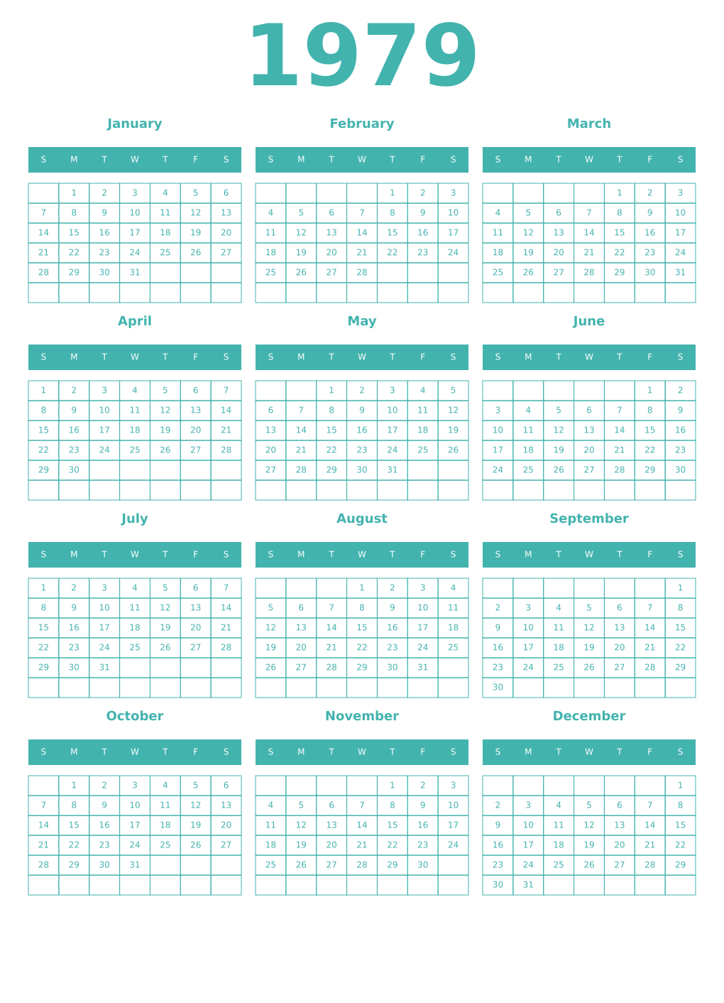 Printable 1979 Year Calendars verdigris