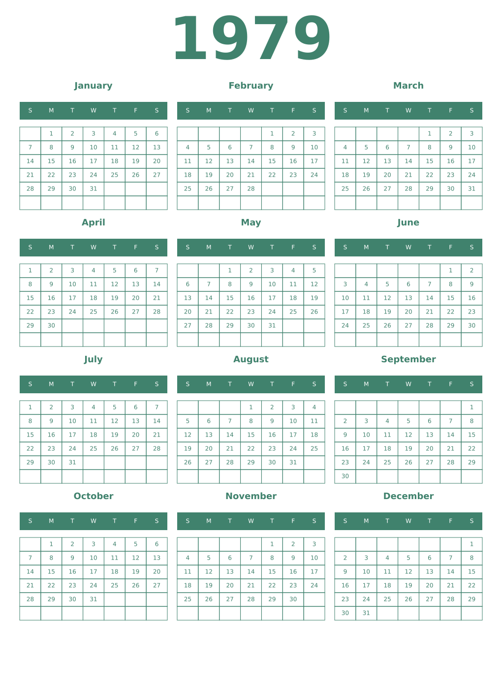 Printable 1979 Year Calendars viridian