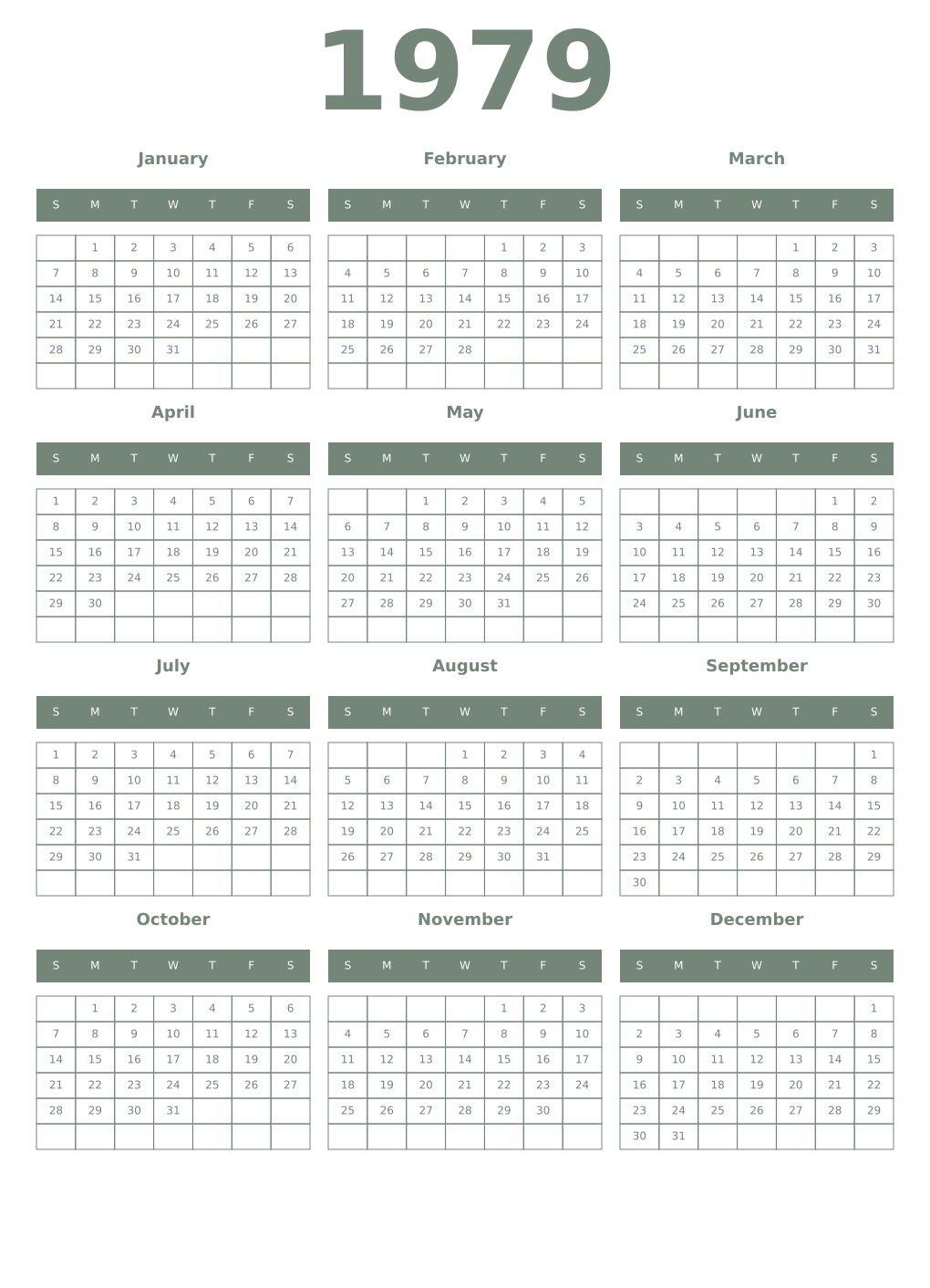 Printable 1979 Year Calendars xanadu