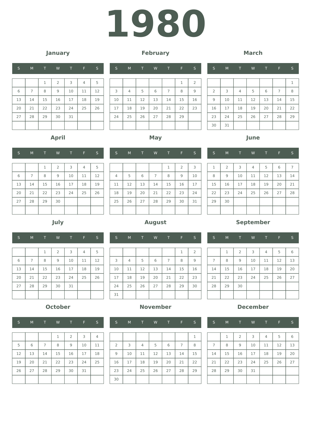 Printable 1980 Year Calendars feldgrau