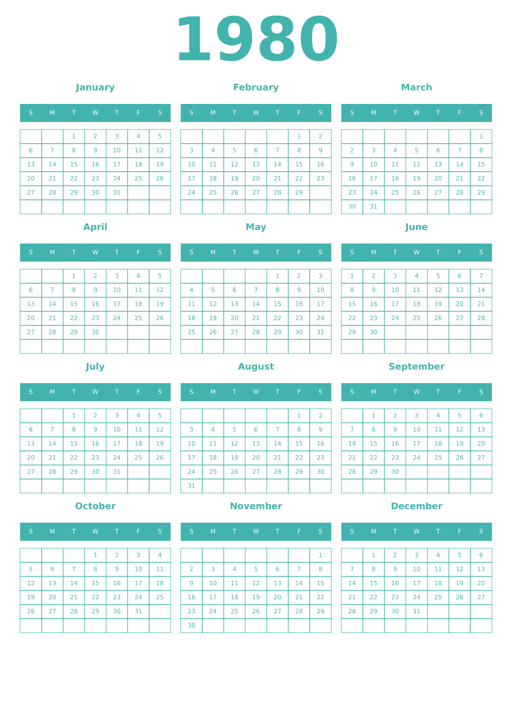 Printable 1980 Year Calendars verdigris
