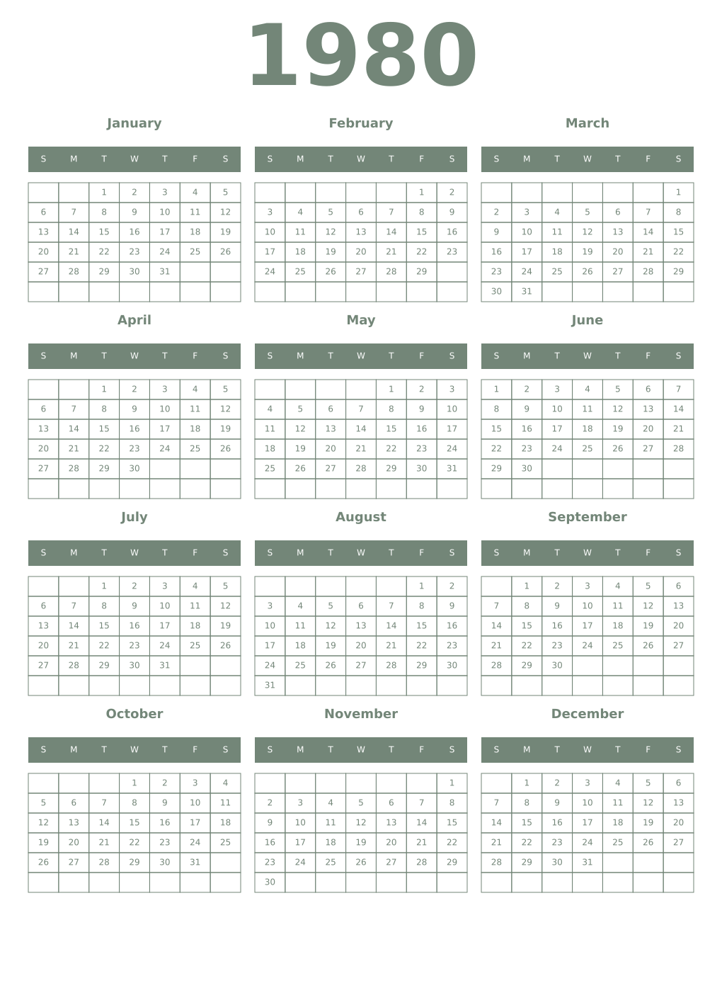 Printable 1980 Year Calendars xanadu