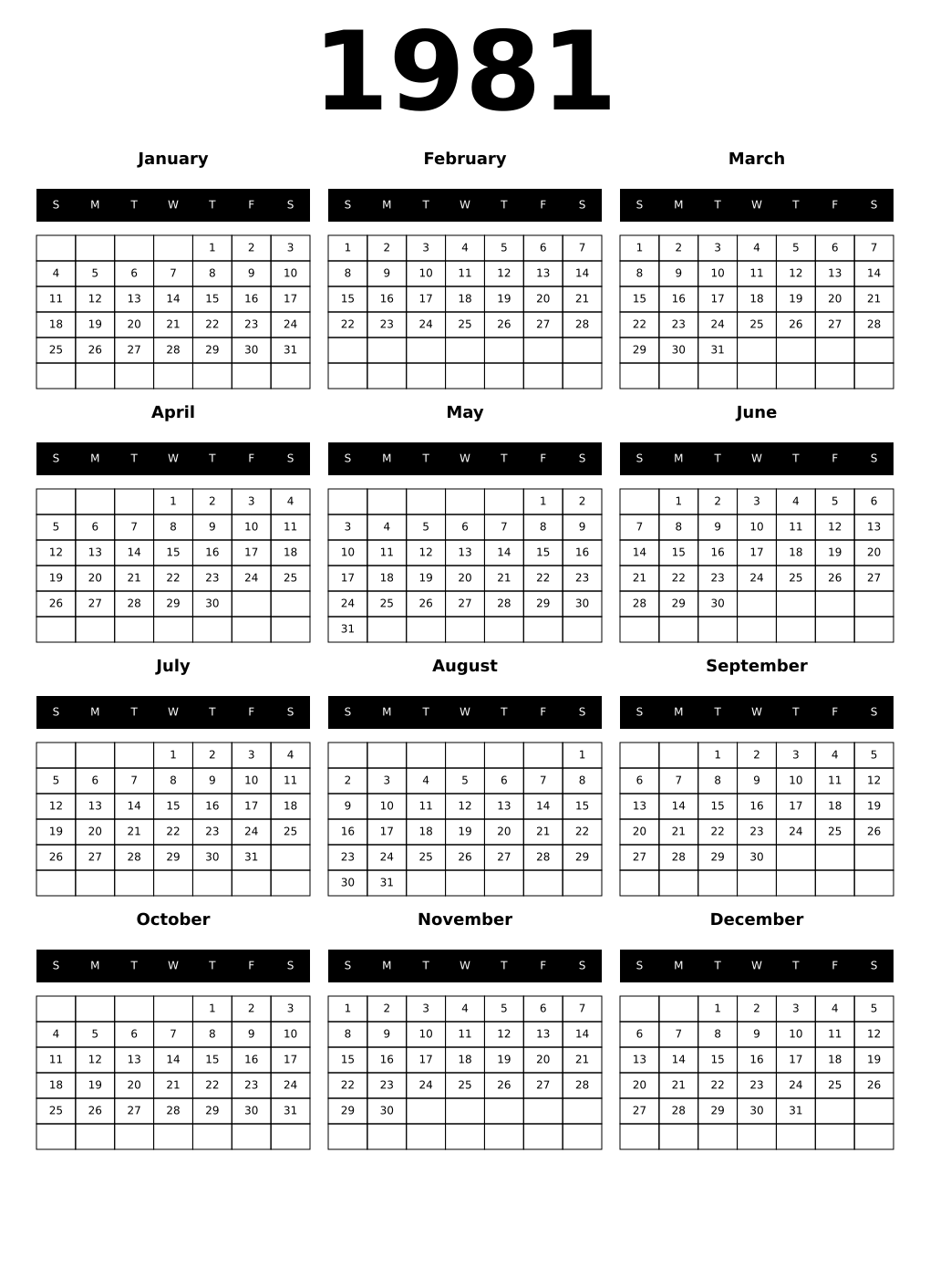 Printable 1981 Year Calendars black