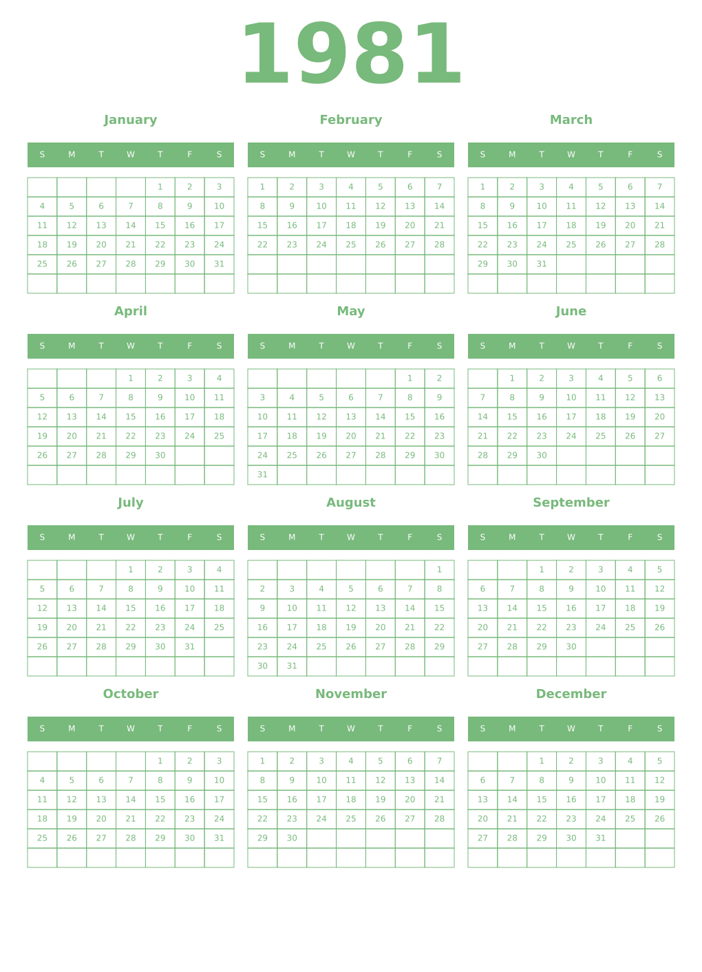 Printable 1981 Year Calendars celadon