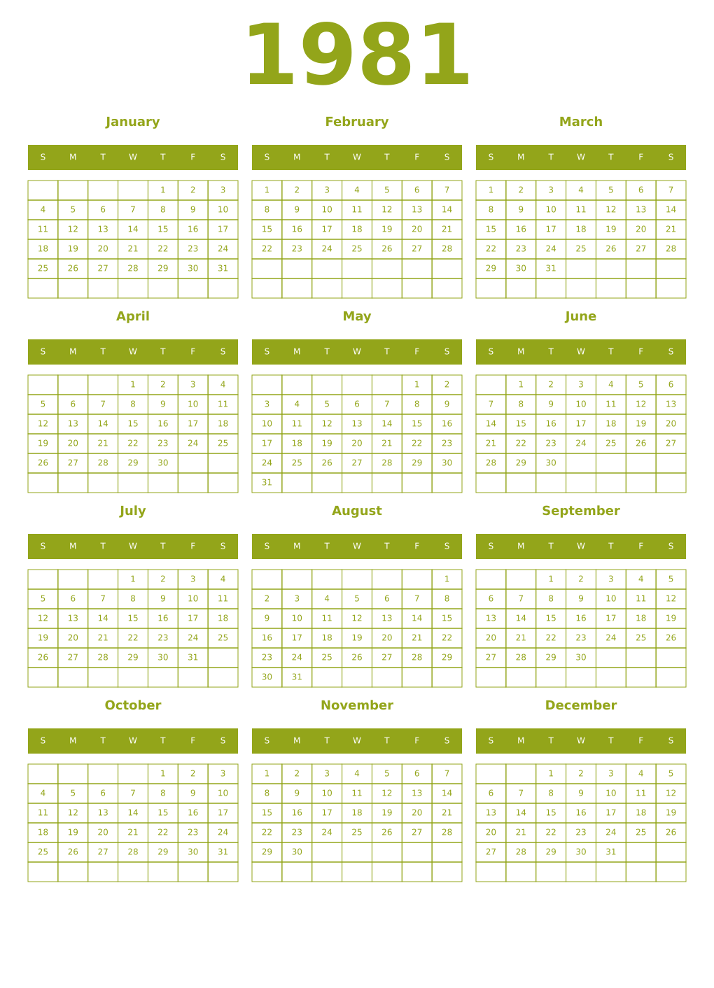 Printable 1981 Year Calendars chartreuse