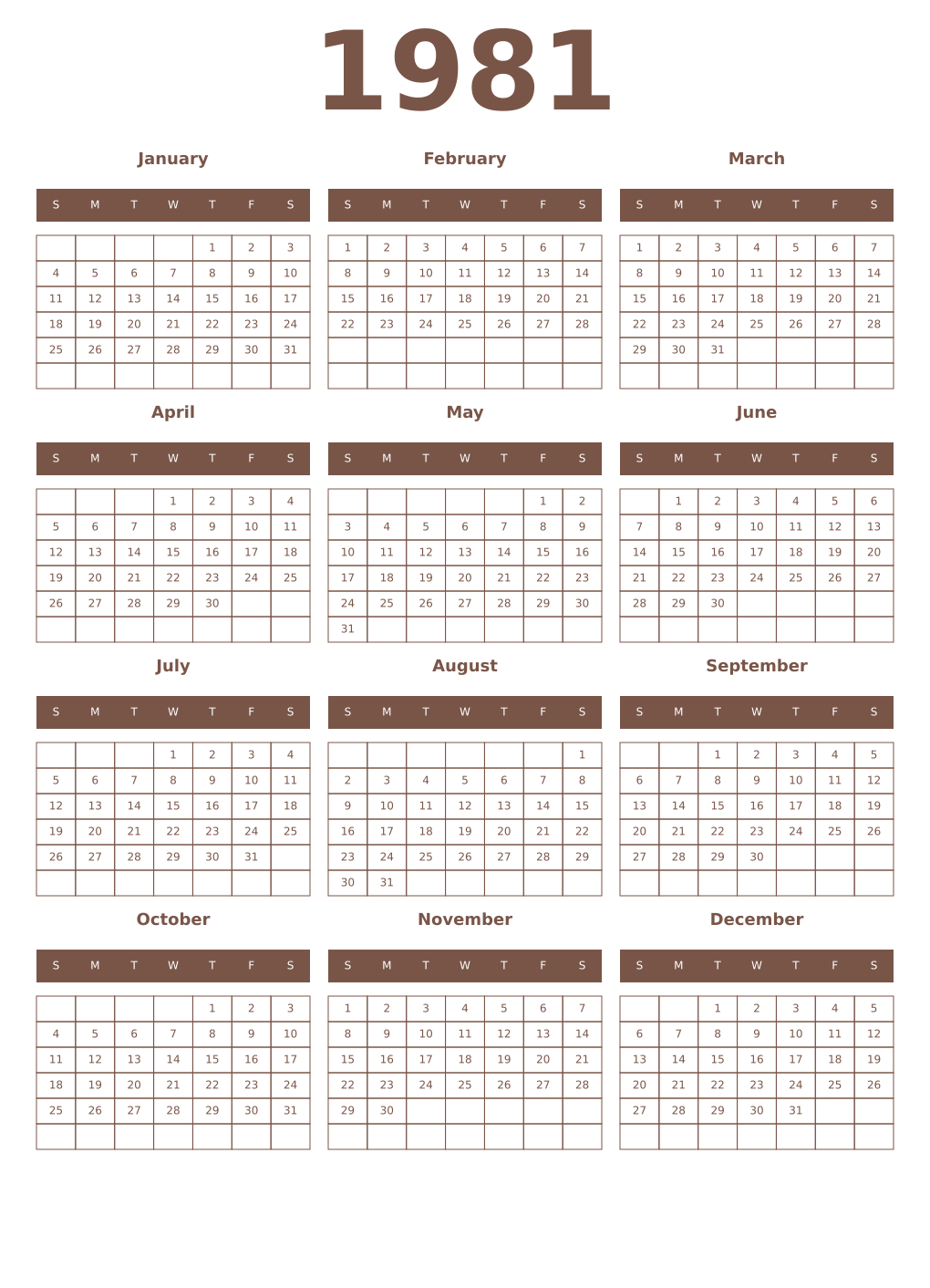 Printable 1981 Year Calendars coffe