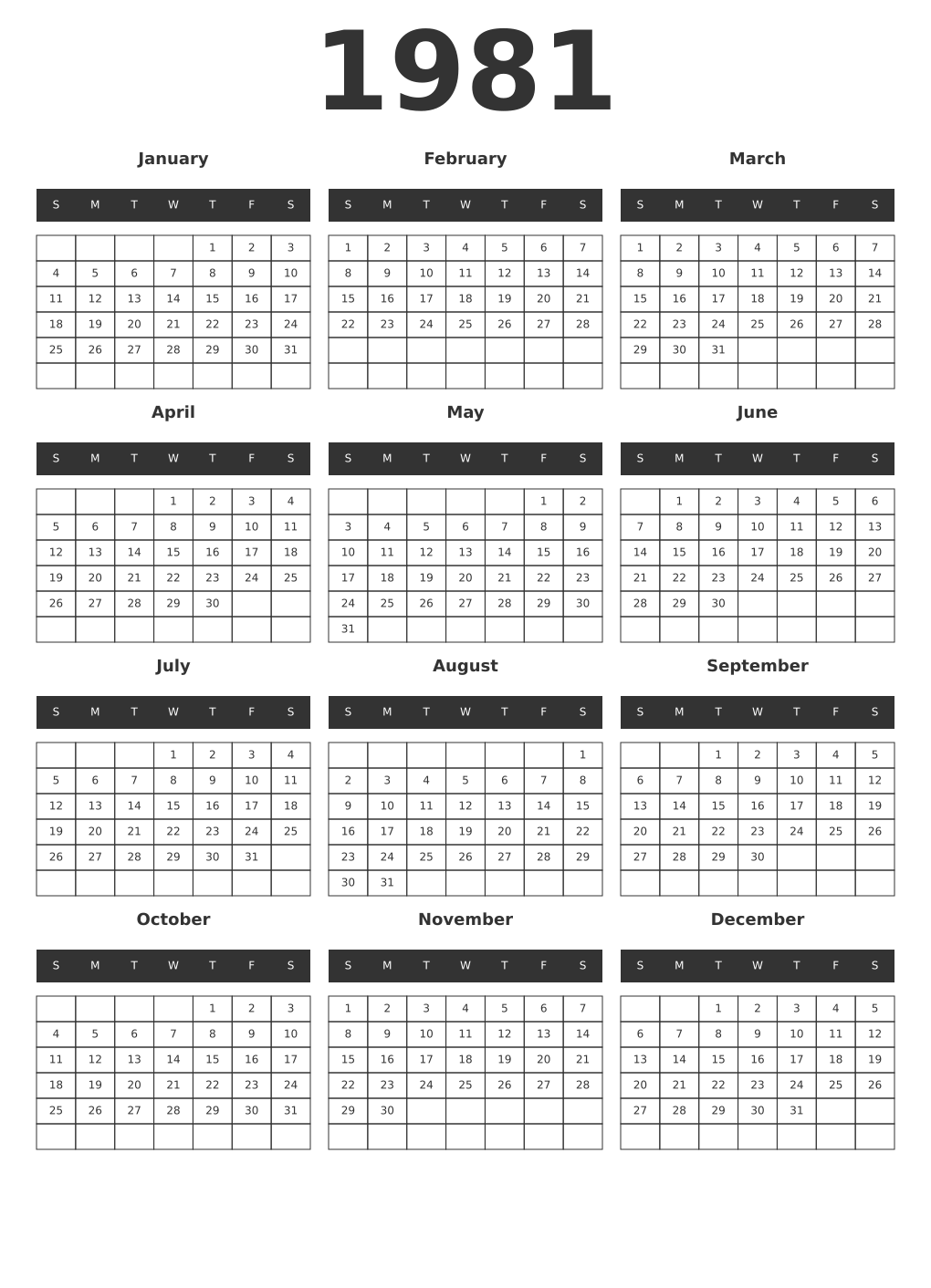 Printable 1981 Year Calendars dark