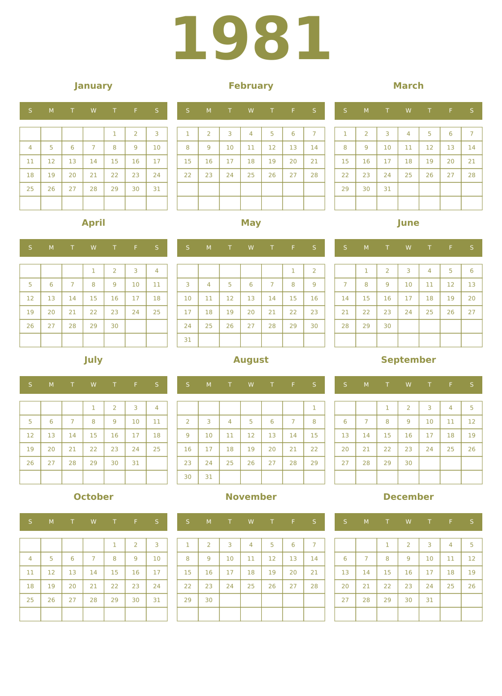 Printable 1981 Year Calendars eburnean