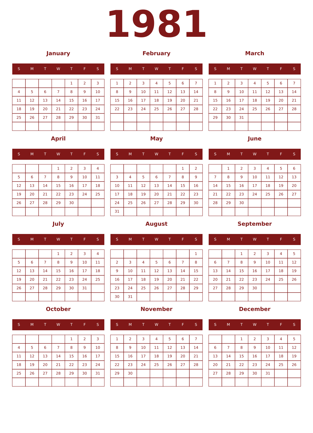 Printable 1981 Year Calendars falu